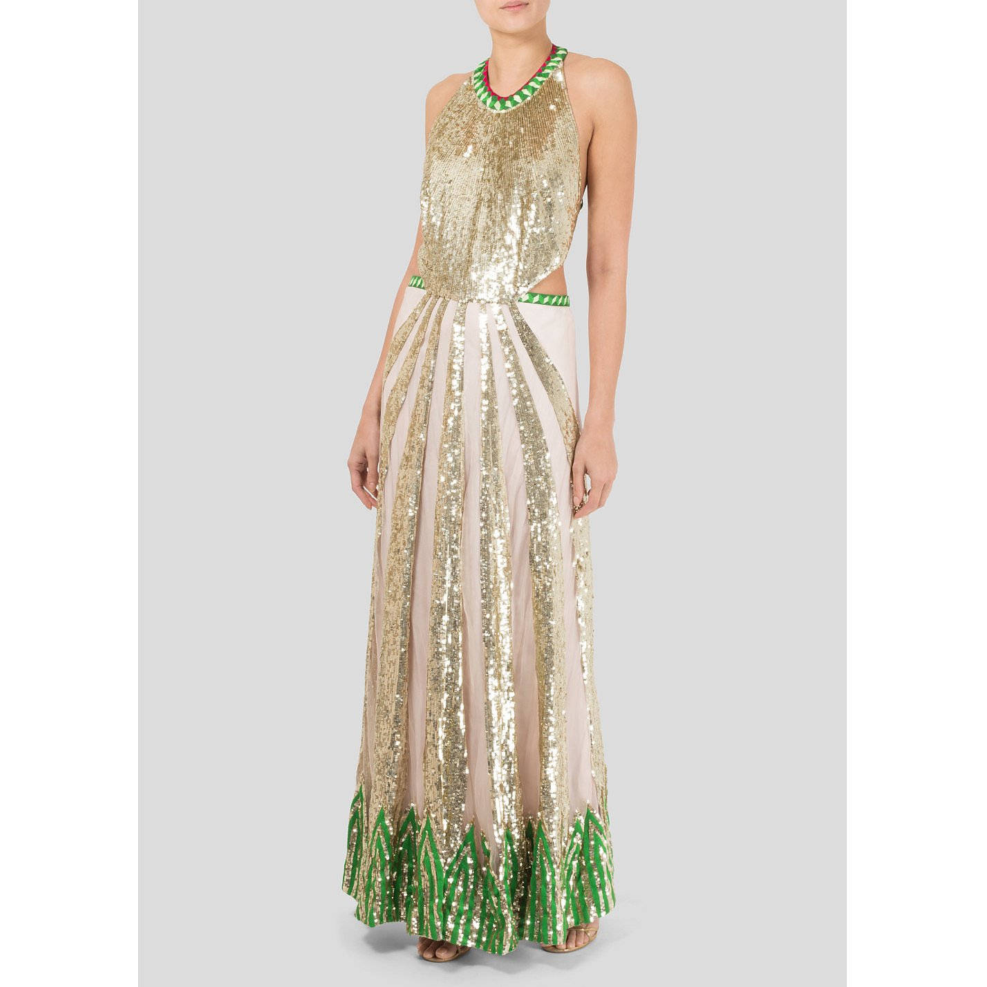 Temperley London, gold sequined gown, green geometric trim, HD Desktop Wallpaper