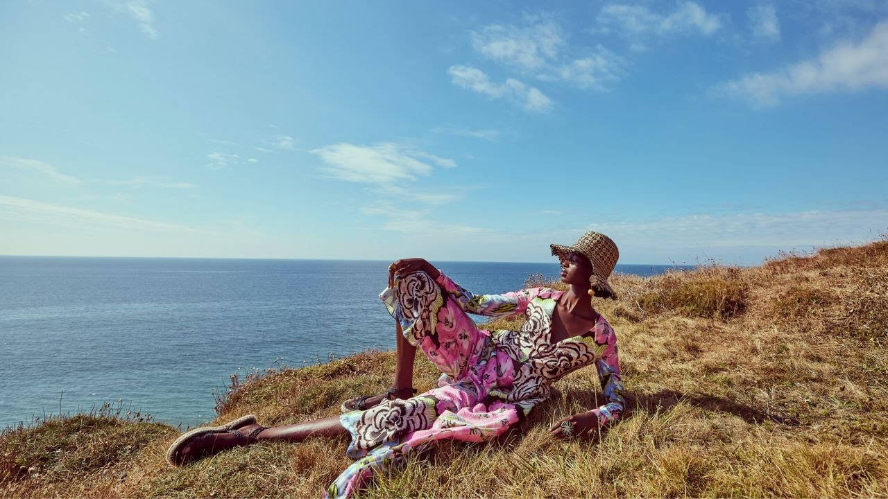 Temperley London, vibrant patterned dress, sunlit cliffside, HD Desktop Wallpaper