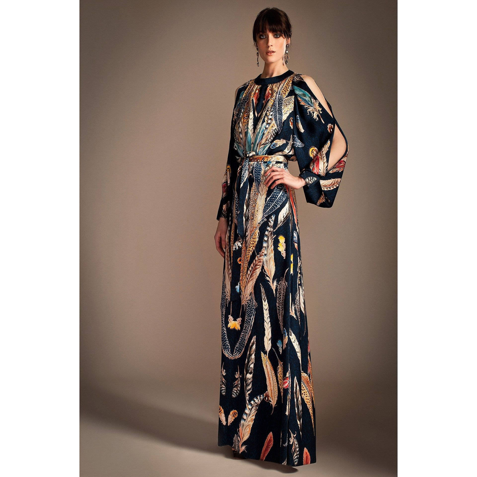Temperley London, dark blue feather-patterned gown, cutout sleeves, Full HD Desktop Wallpaper