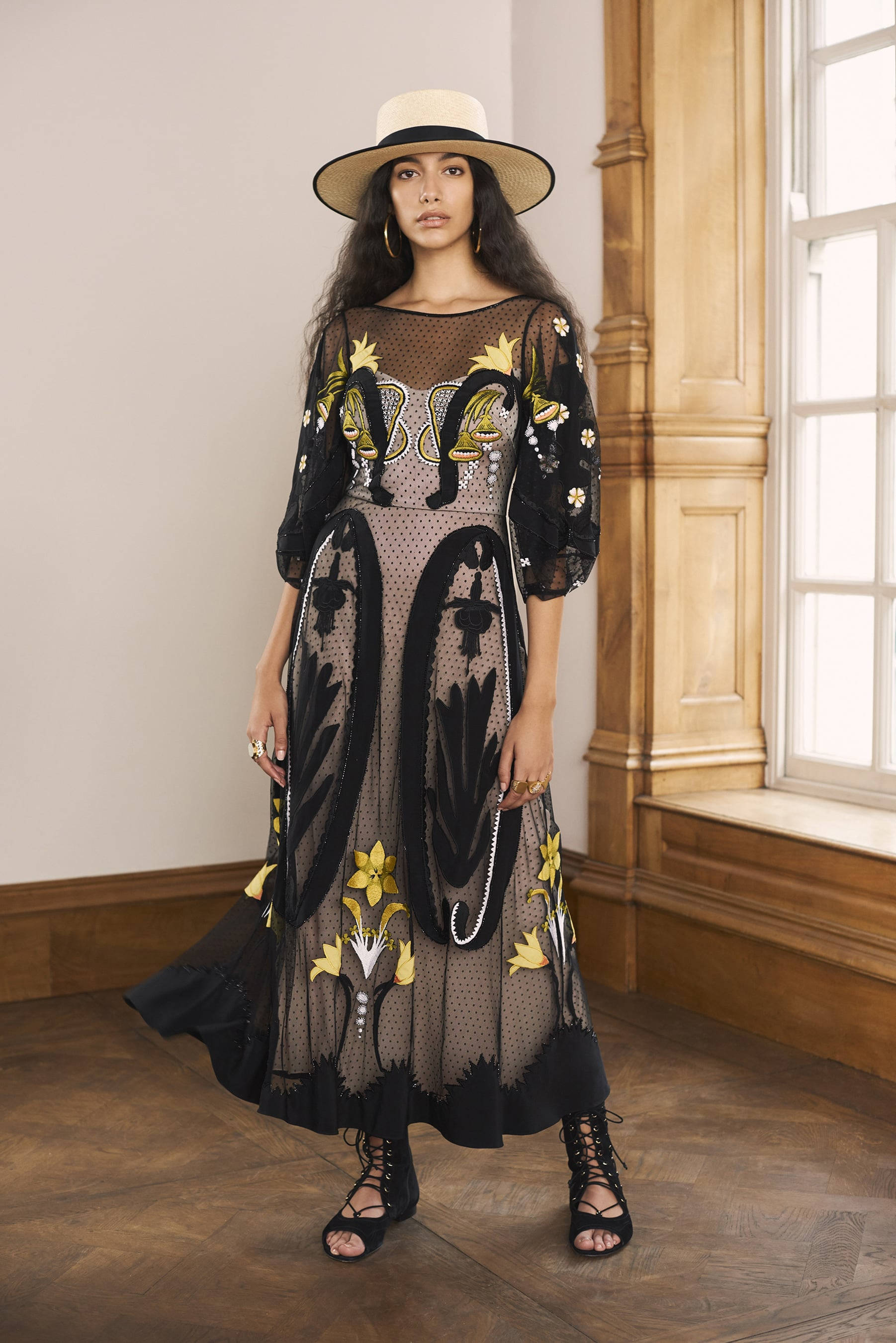 Temperley London, black dress, white hat, 2K Phone Wallpaper
