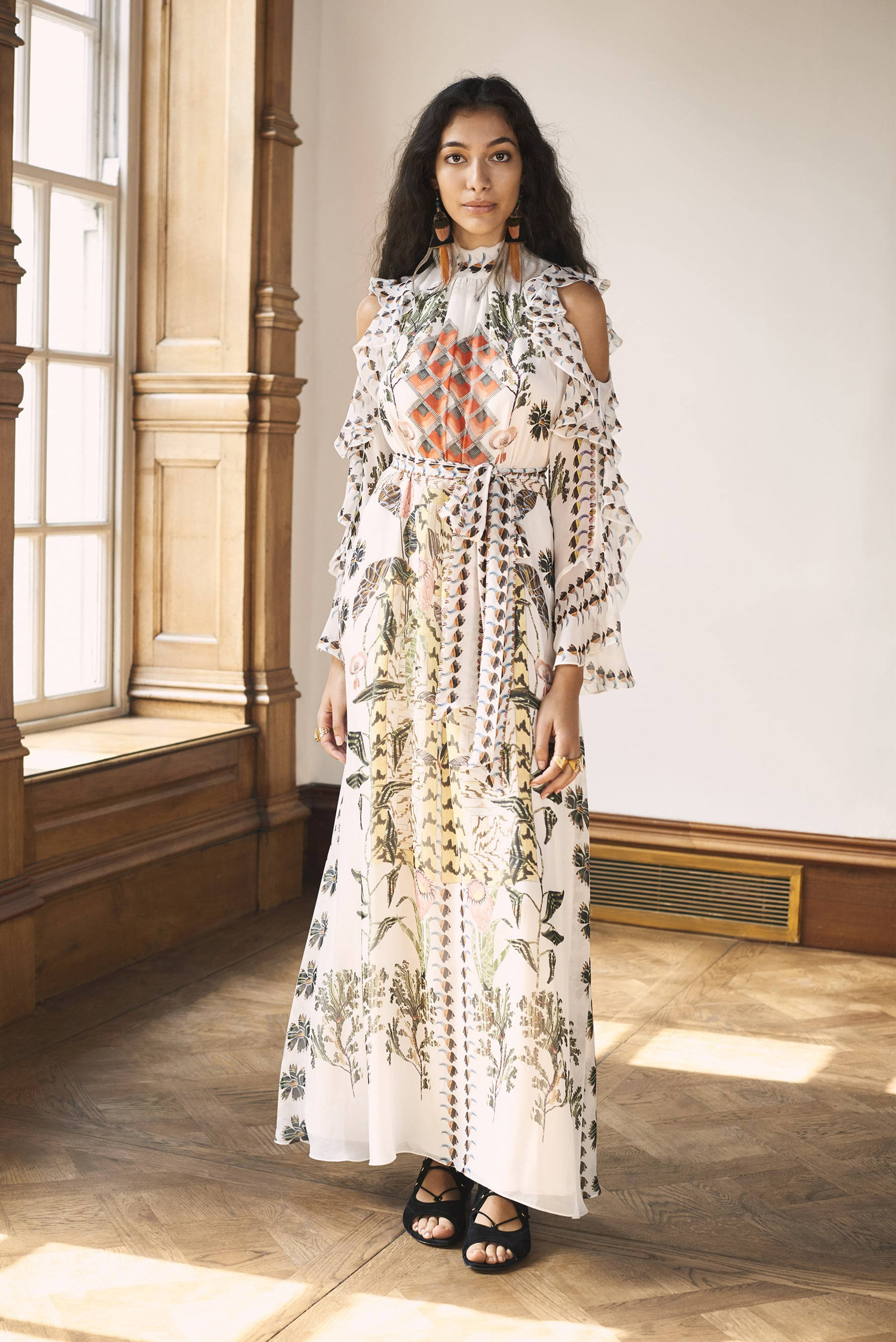 Temperley London, white dress, floral and geometric patterned dress, 2K Phone Wallpaper