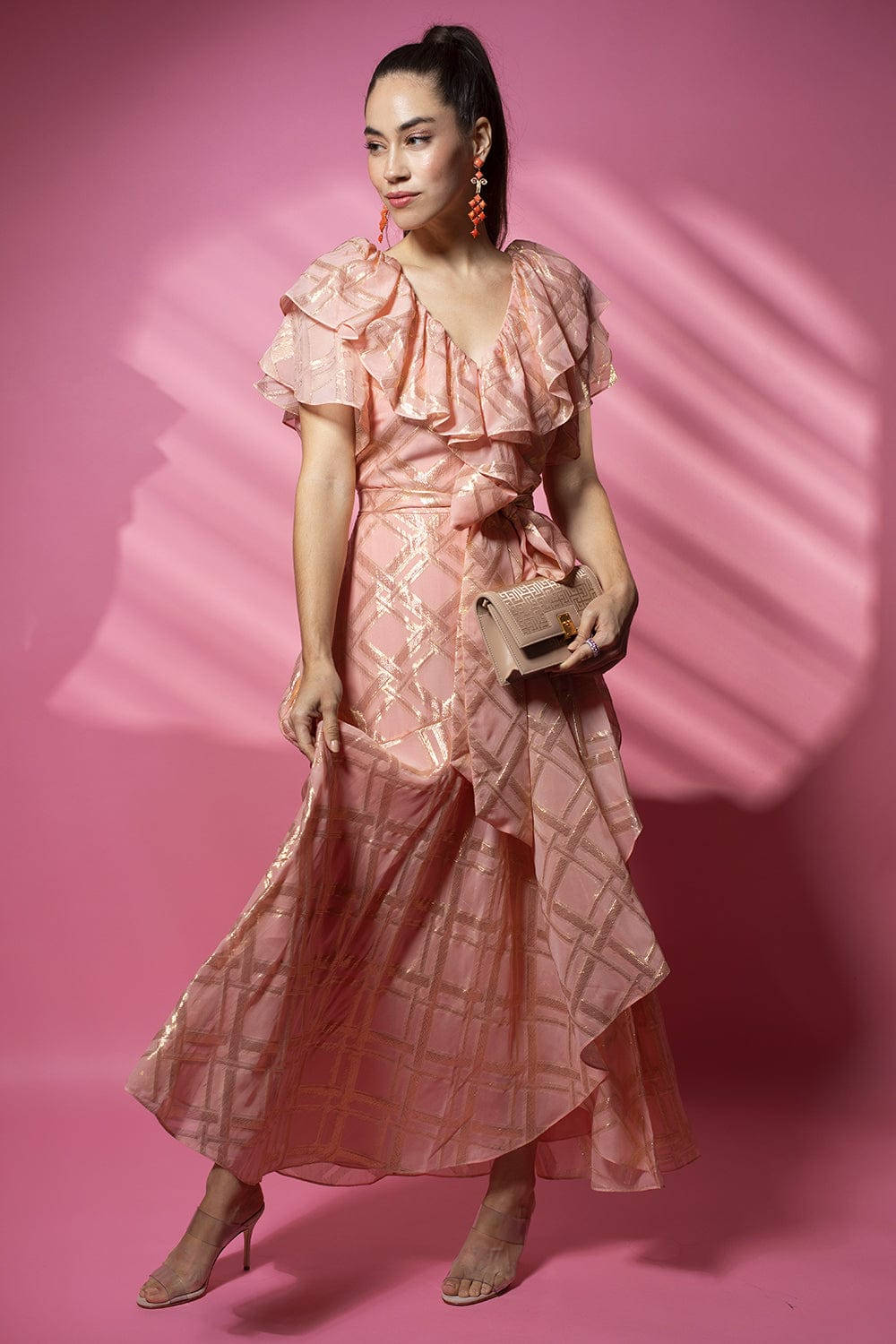 Temperley London, pink dress, peach ruffled gown, HD Phone Wallpaper
