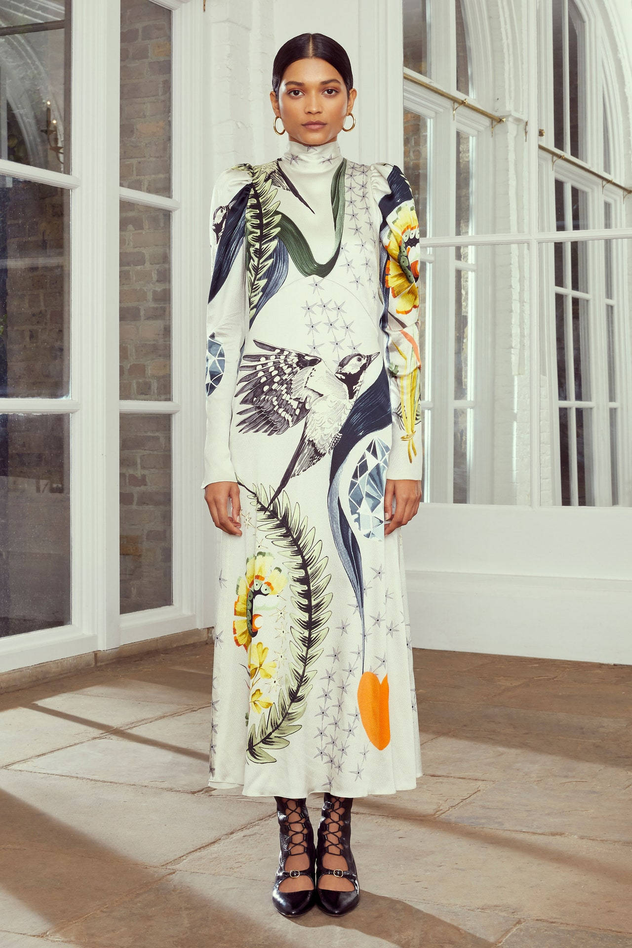 Temperley London, white dress, bird feather patterns, Full HD Phone Wallpaper