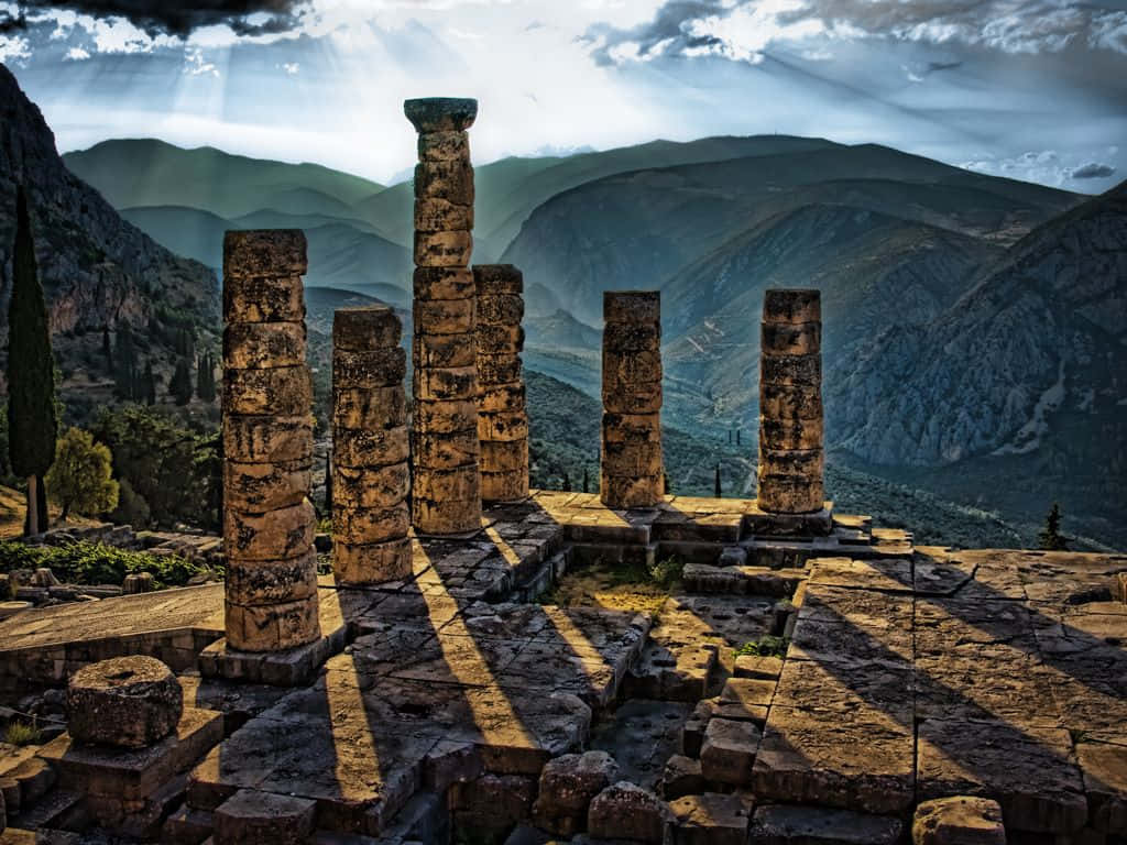 Temple Of Apollo, sunlight beams, clouds, SD Desktop Wallpaper