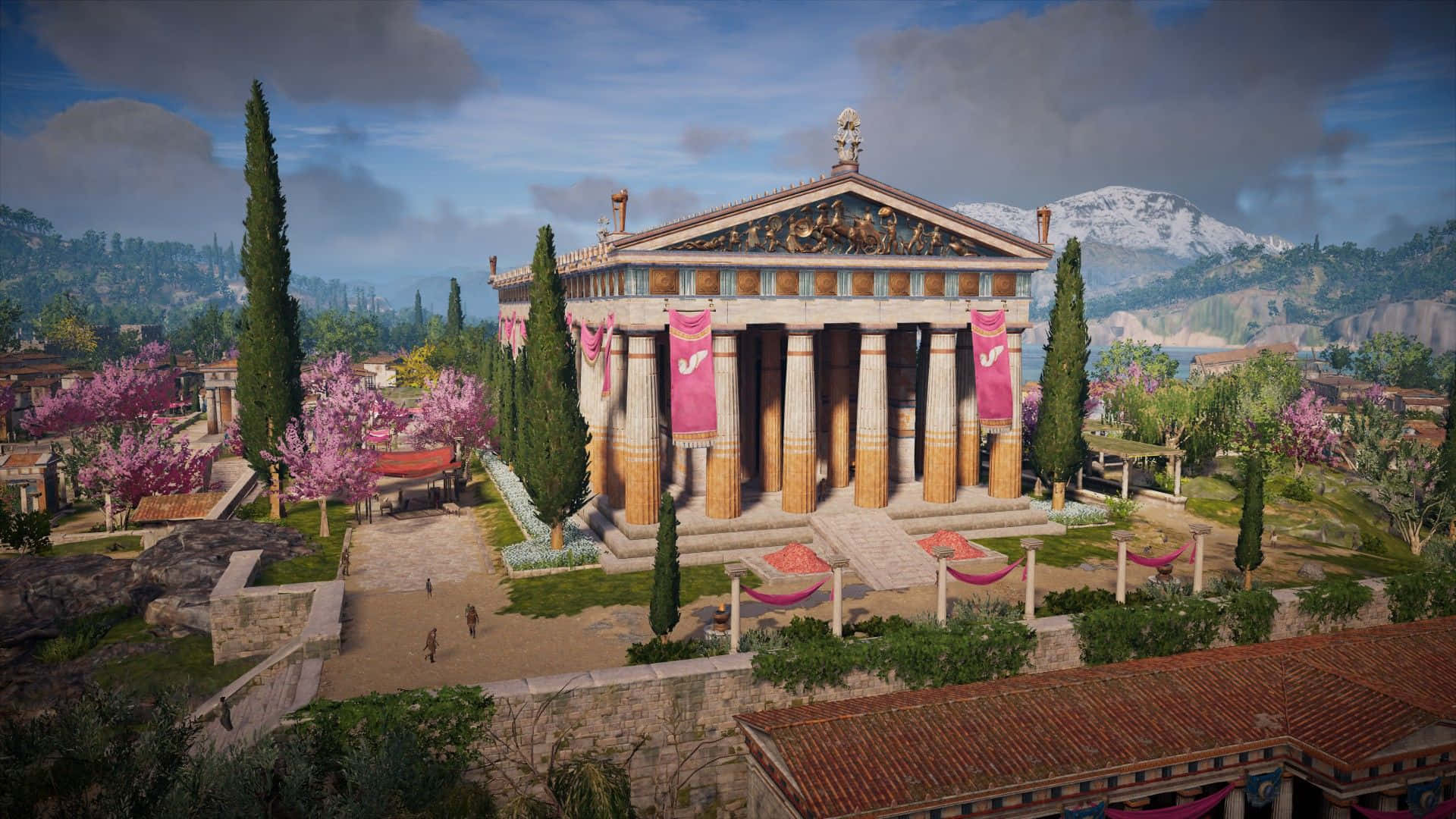 Temple Of Apollo, golden columns, pink banners, Full HD Desktop Wallpaper