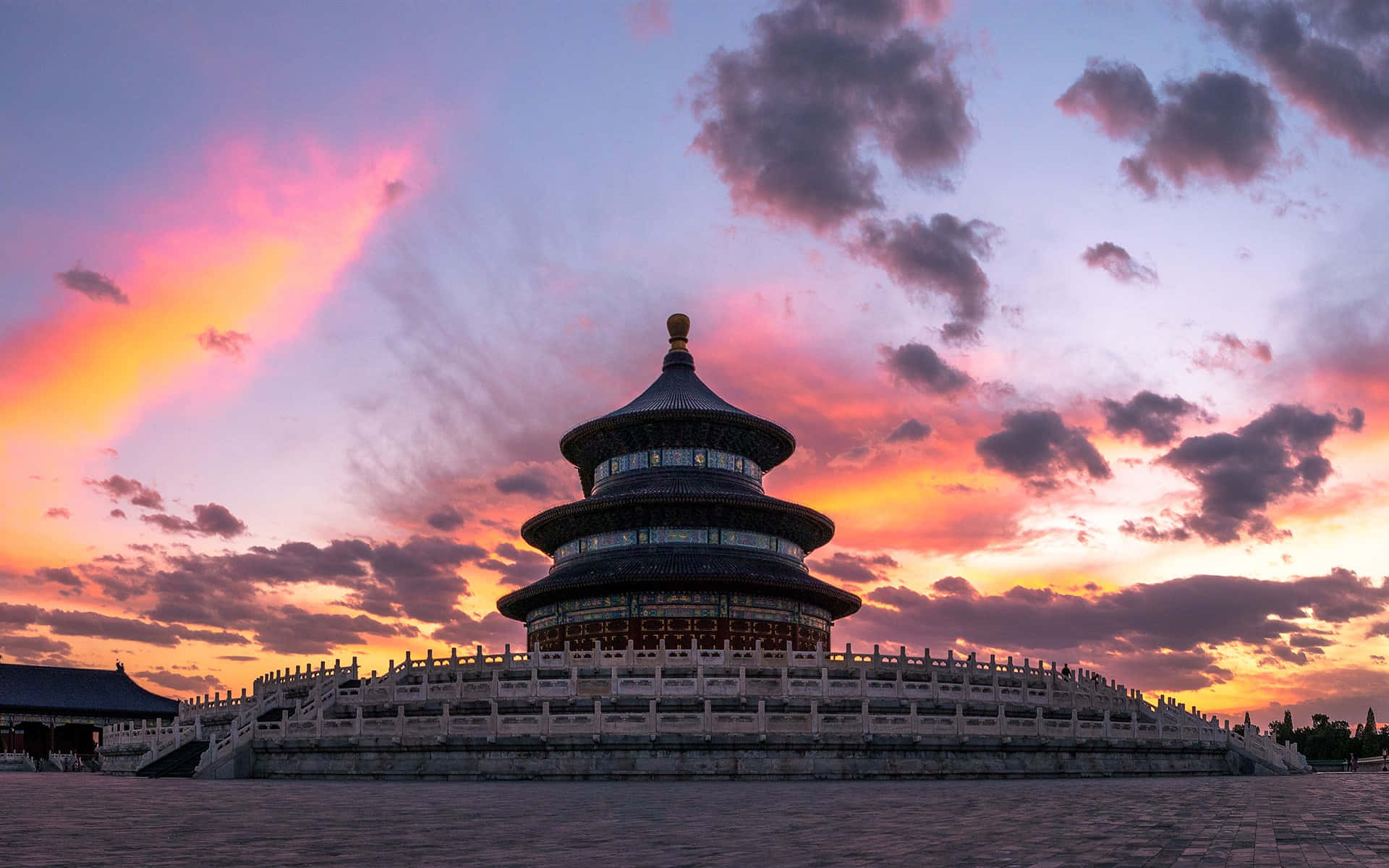 Temple Of Heaven, sunset sky, pink orange and purple clouds, Full HD Desktop Wallpaper