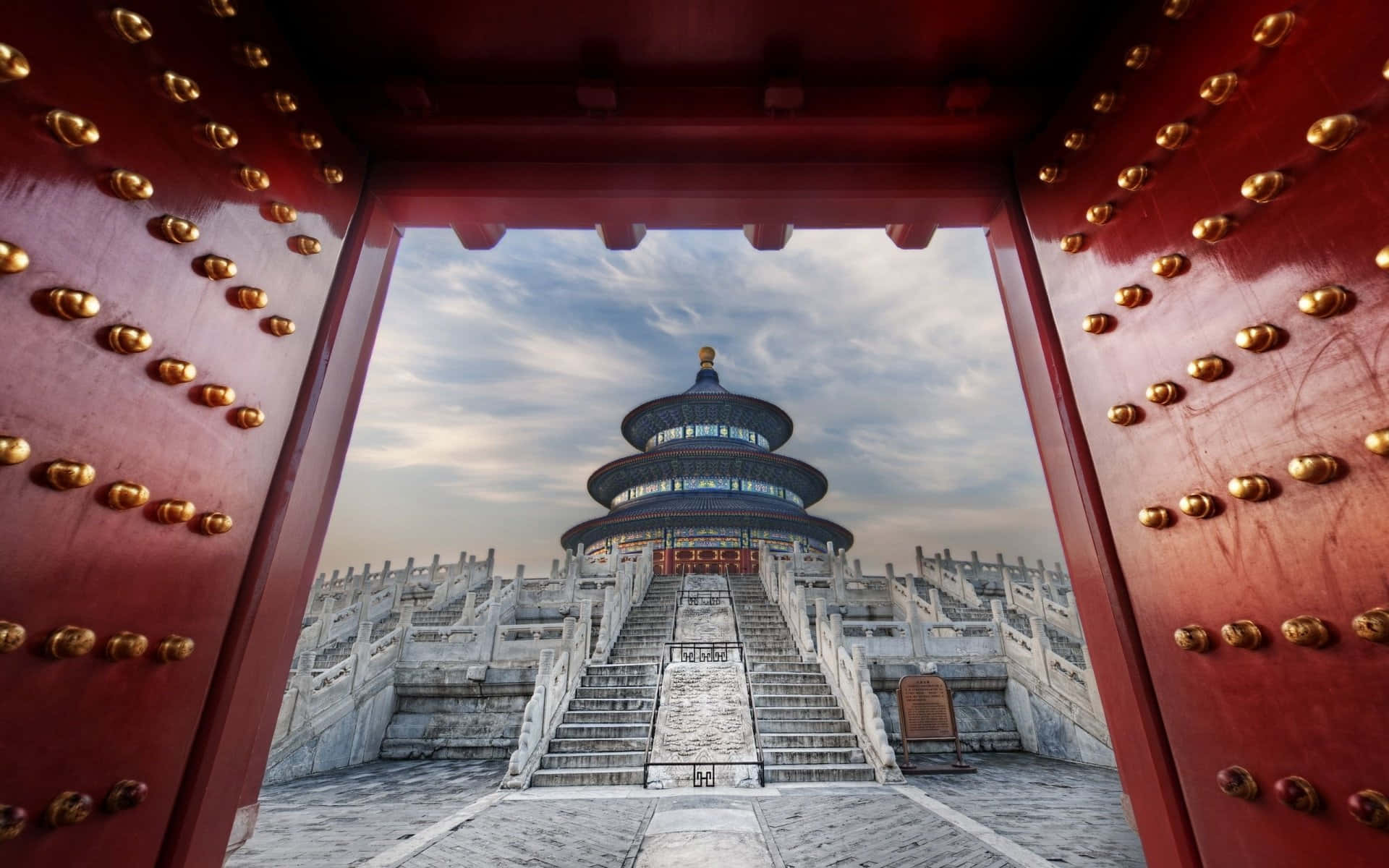 Temple Of Heaven, red doors, golden studs, Full HD Desktop Wallpaper