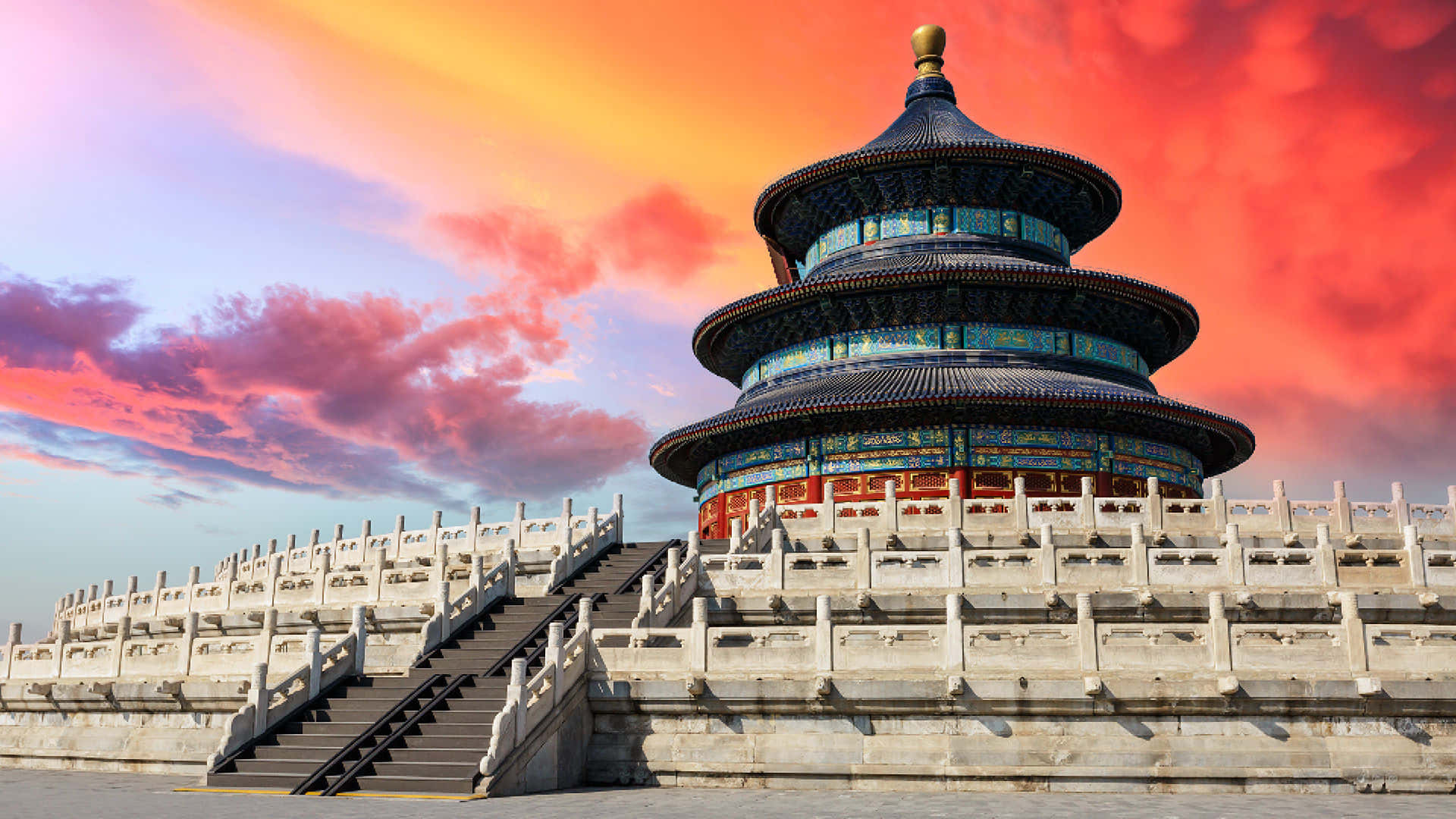 Temple Of Heaven, amber sky, fiery sunset, Full HD Desktop Wallpaper