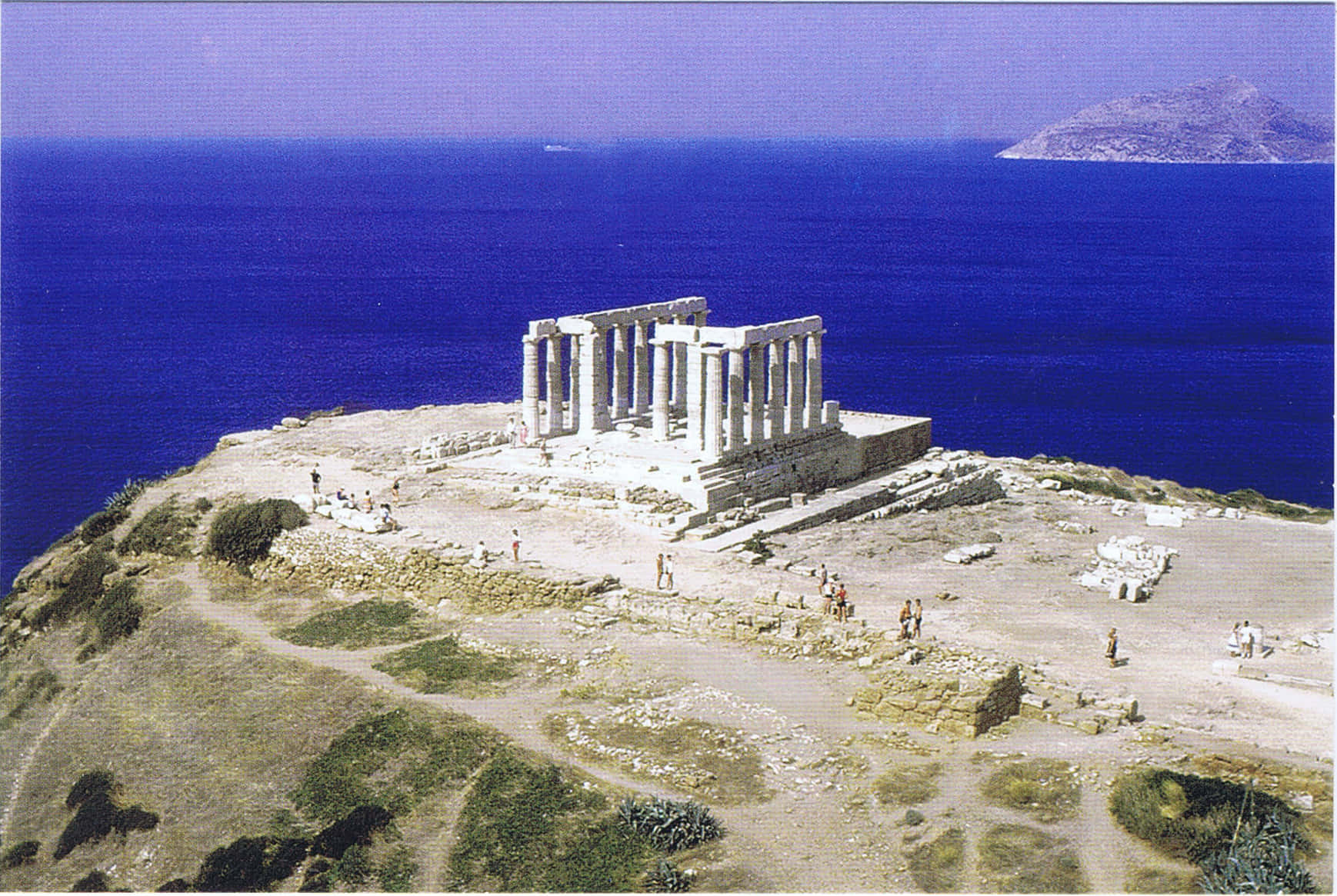 Temple Of Poseidon, deep blue sea, distant island, HD Desktop Wallpaper
