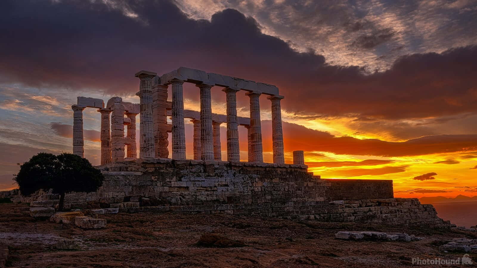 Temple Of Poseidon, sunset, fiery sunset sky, HD Desktop Wallpaper