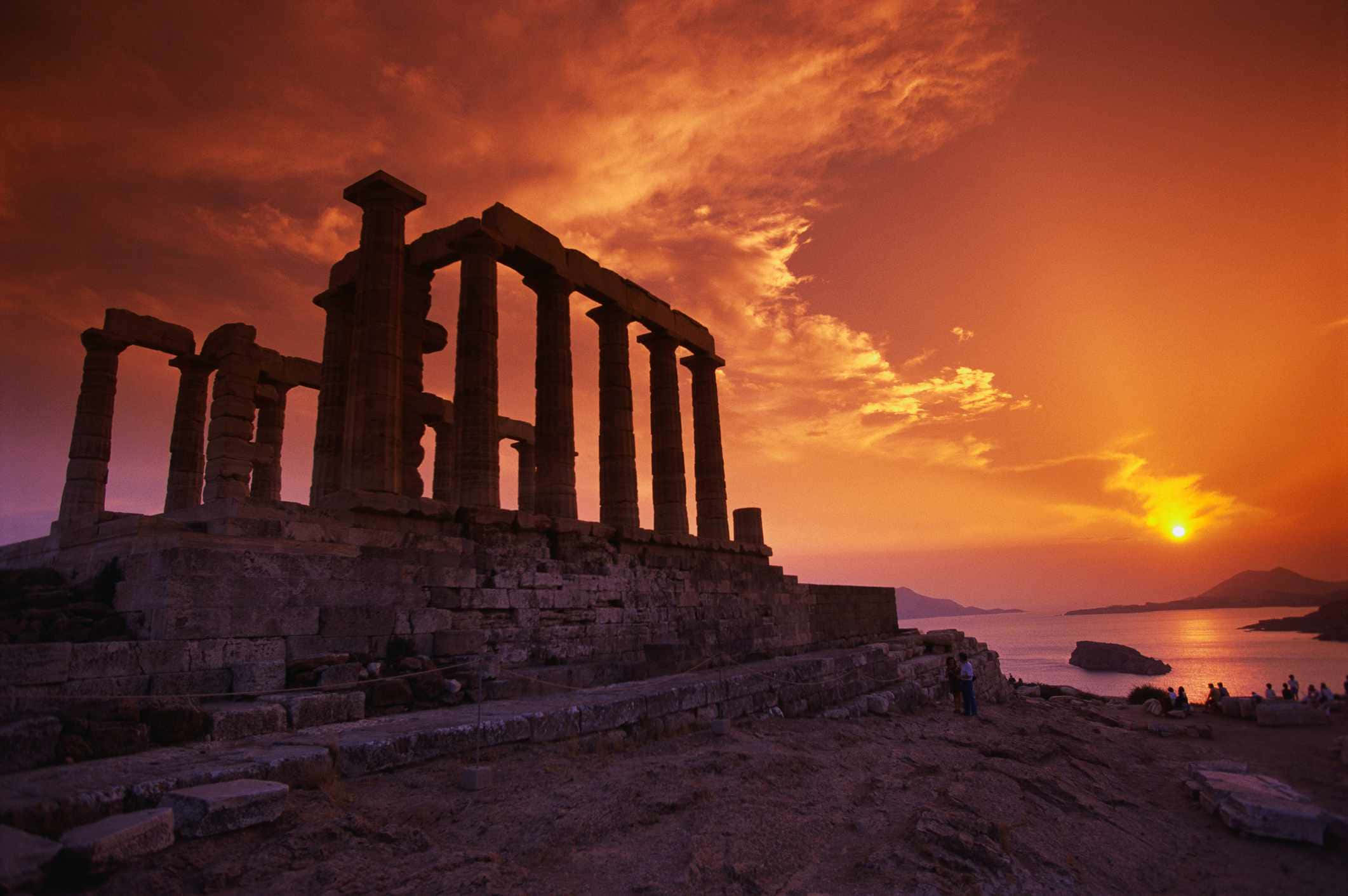 Temple Of Poseidon, fiery orange sunset, sea, Full HD Desktop Wallpaper
