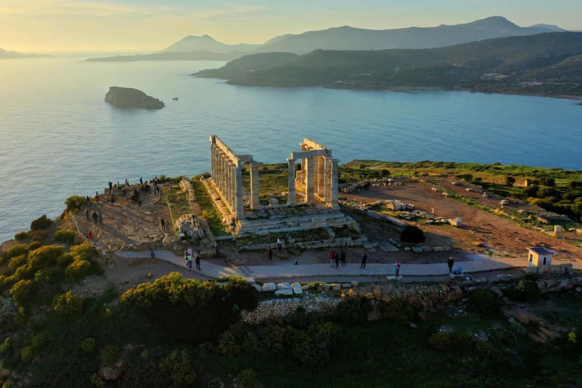 Temple Of Poseidon, cliff, calm blue sea, SD Desktop Wallpaper