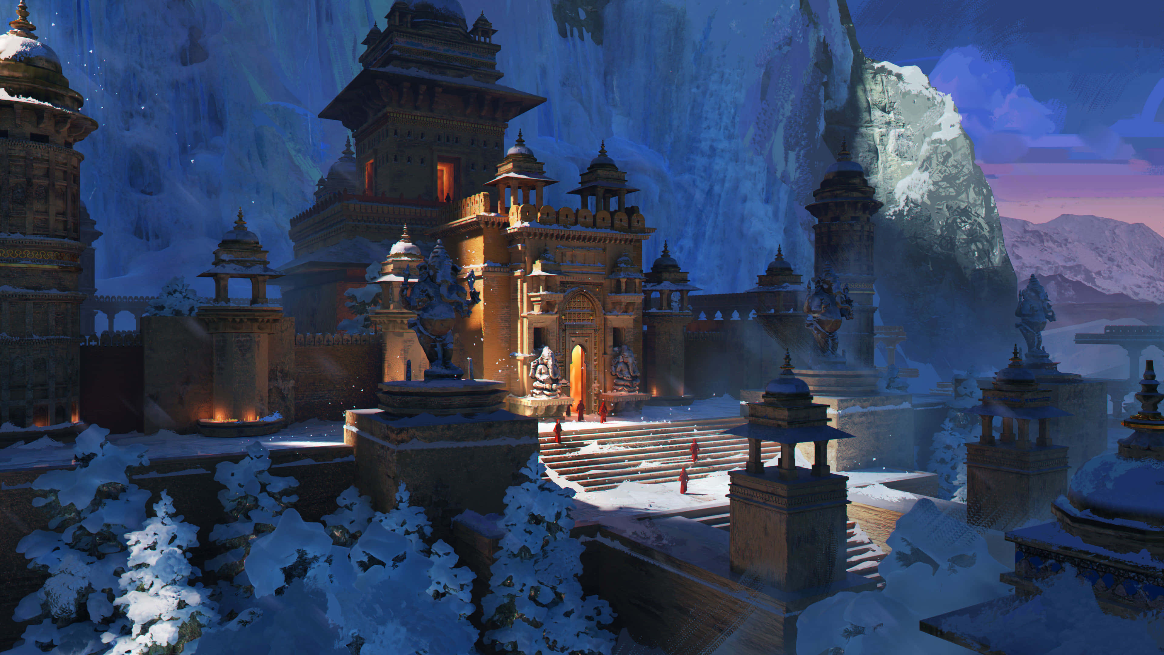 majestic temple, snow-covered temple complex, twilight mountain backdrop, 4K Desktop Wallpaper