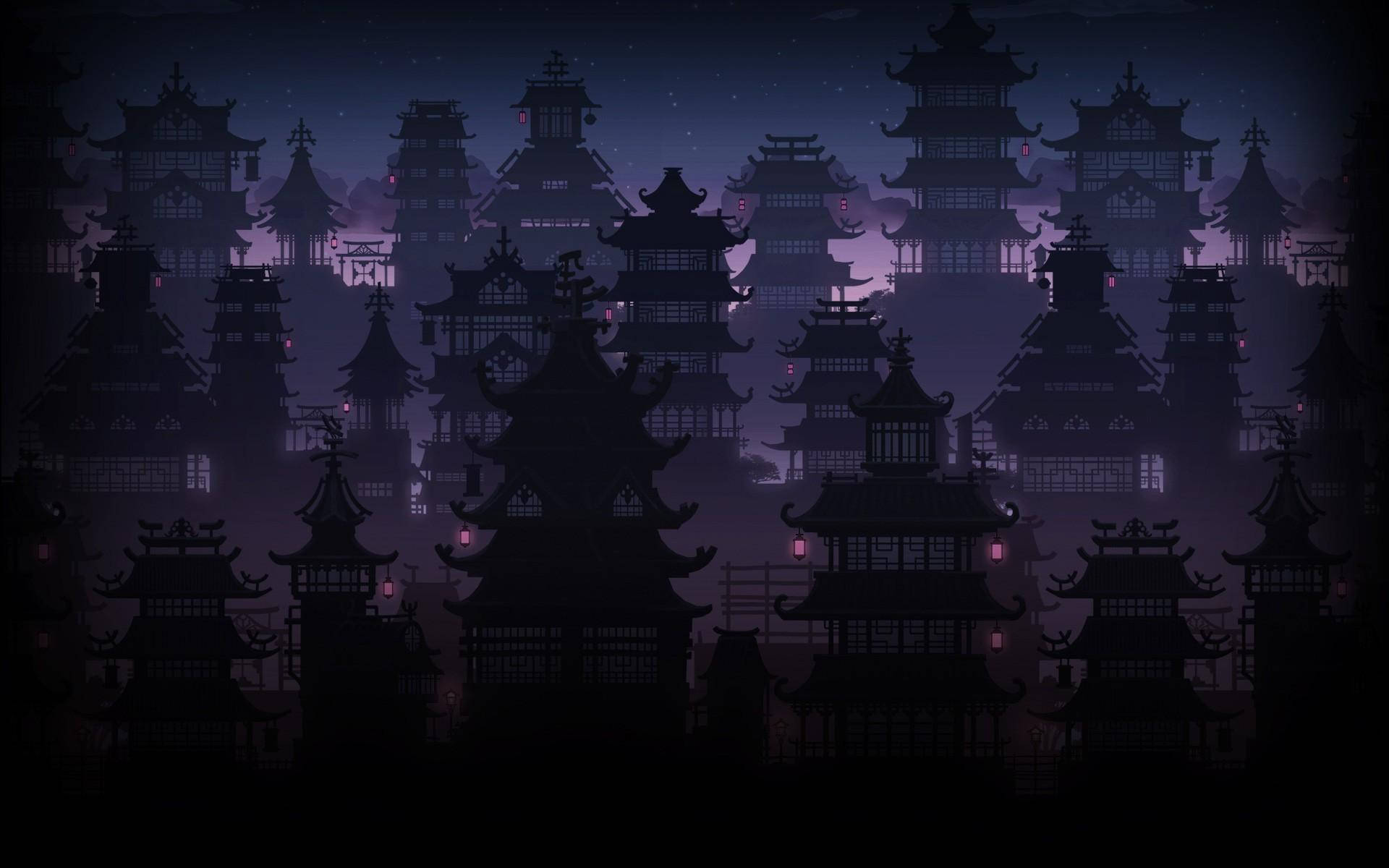 traditional Asian pagodas, soft lantern lights, misty twilight sky, Full HD Desktop Wallpaper