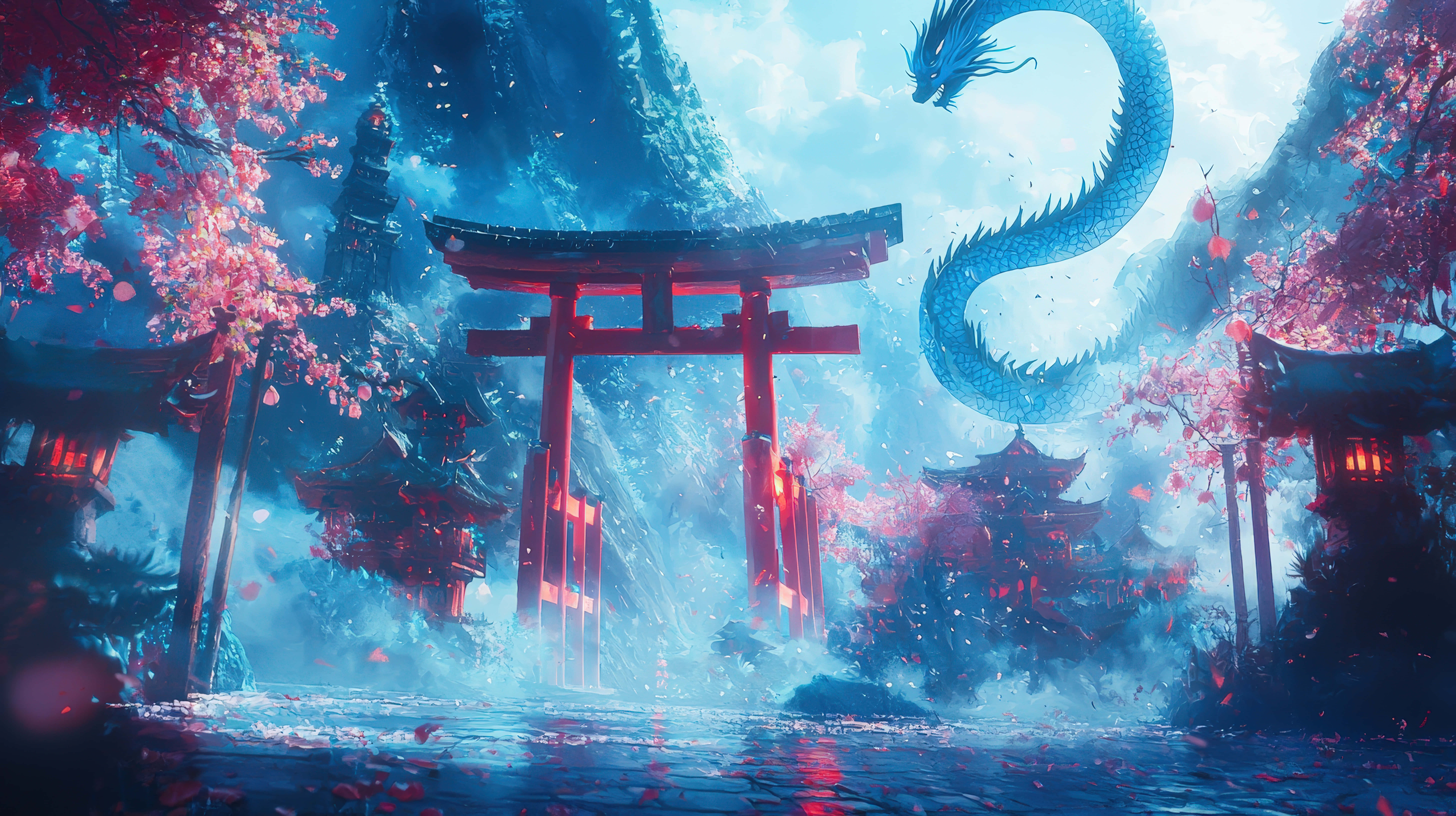 red torii gates, cherry blossoms, blue dragon, 8K Desktop Wallpaper