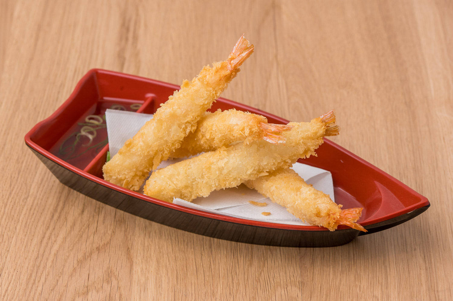 Tempura Boat Bowl, golden crispy tempura shrimp, red boat-shaped dish, HD Desktop Wallpaper