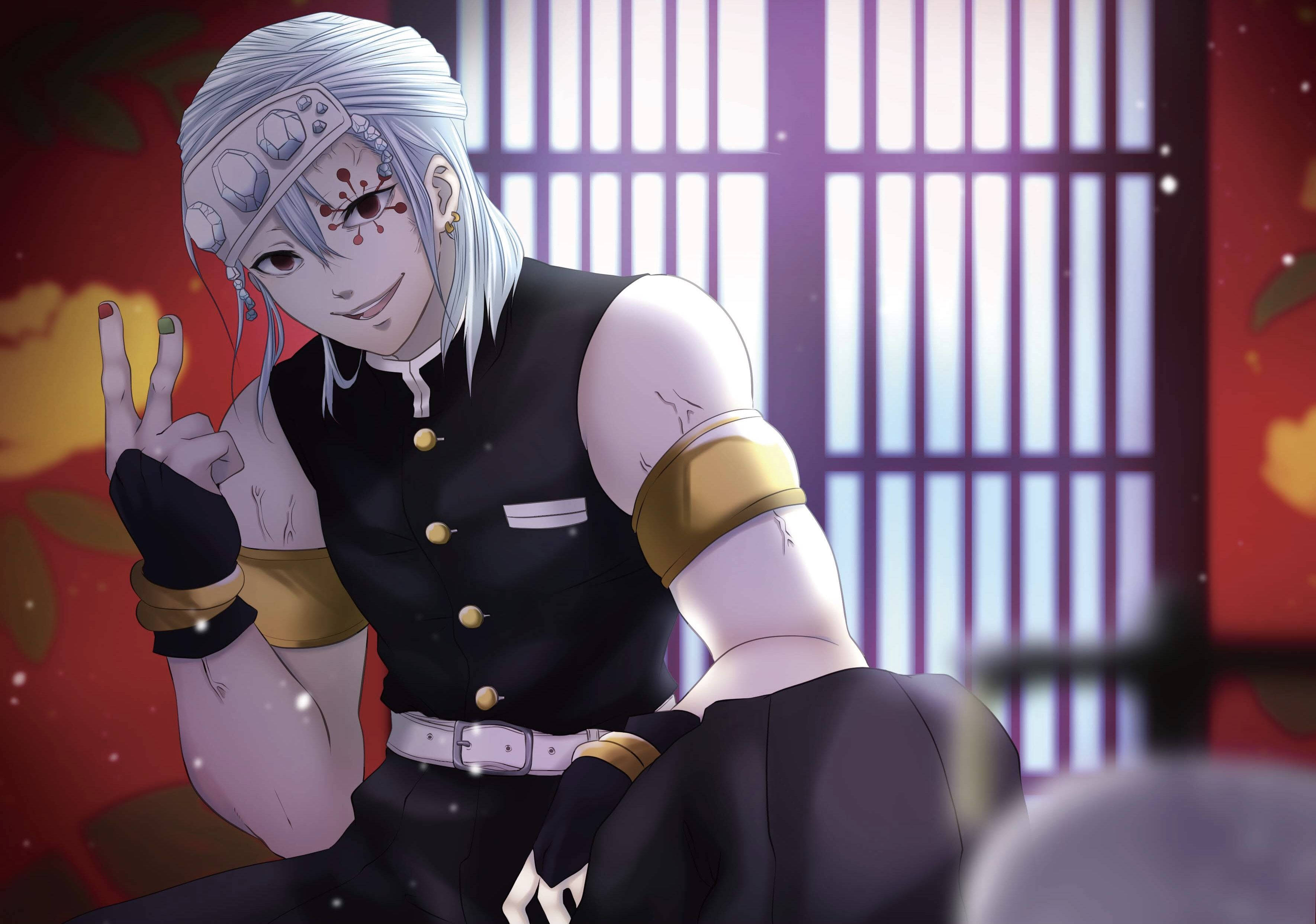 Tengen Uzui, silver-haired, red eye markings, 2K Desktop Wallpaper