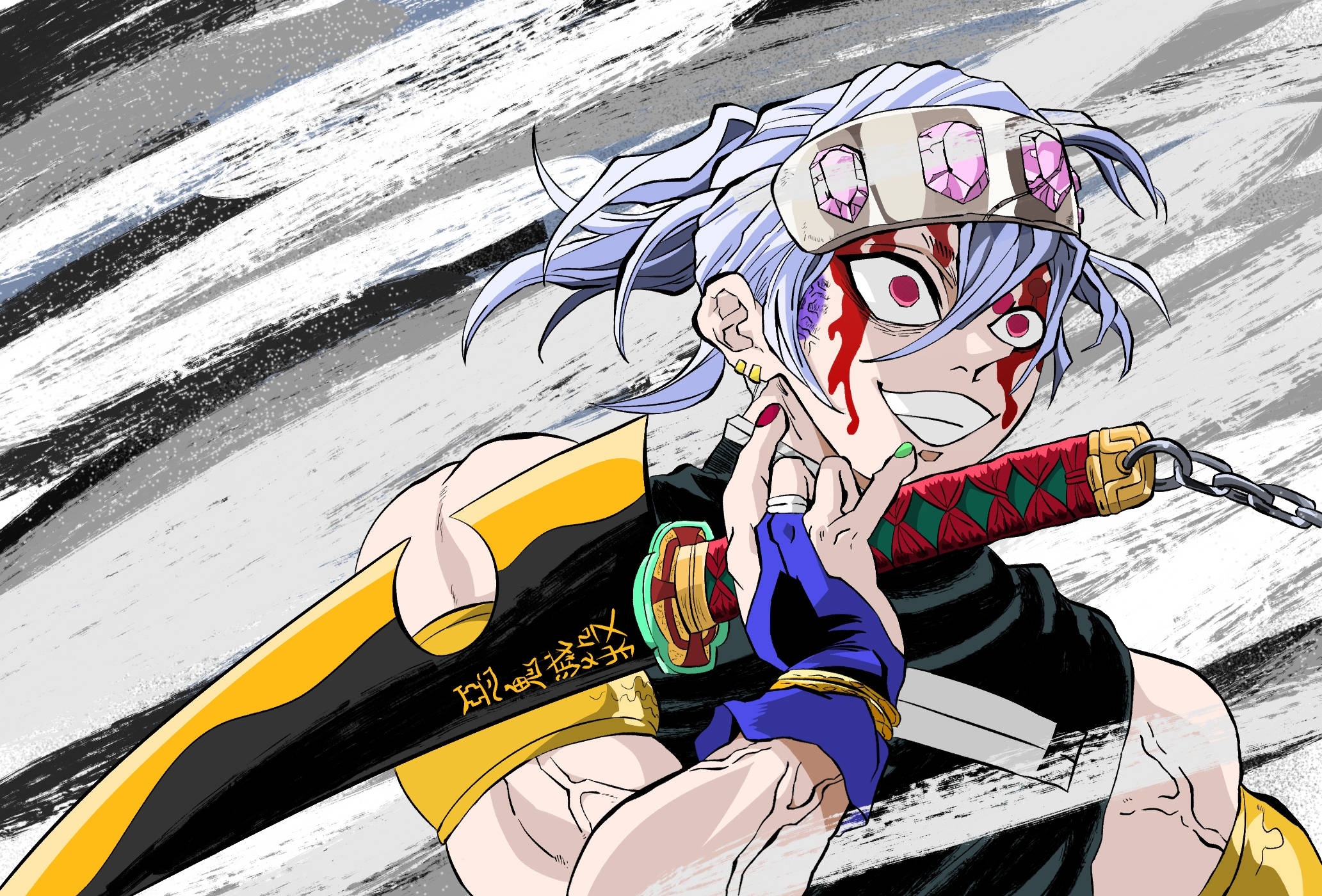 Tengen Uzui, blue hair, bloodied face, Full HD Desktop Wallpaper