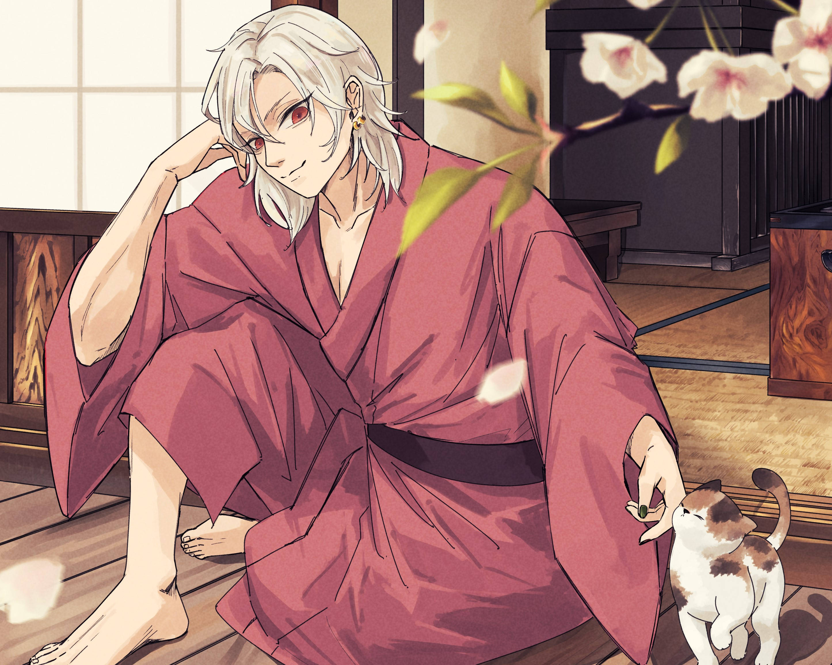 Tengen Uzui, silver-haired anime man, red kimono, 2K Desktop Wallpaper