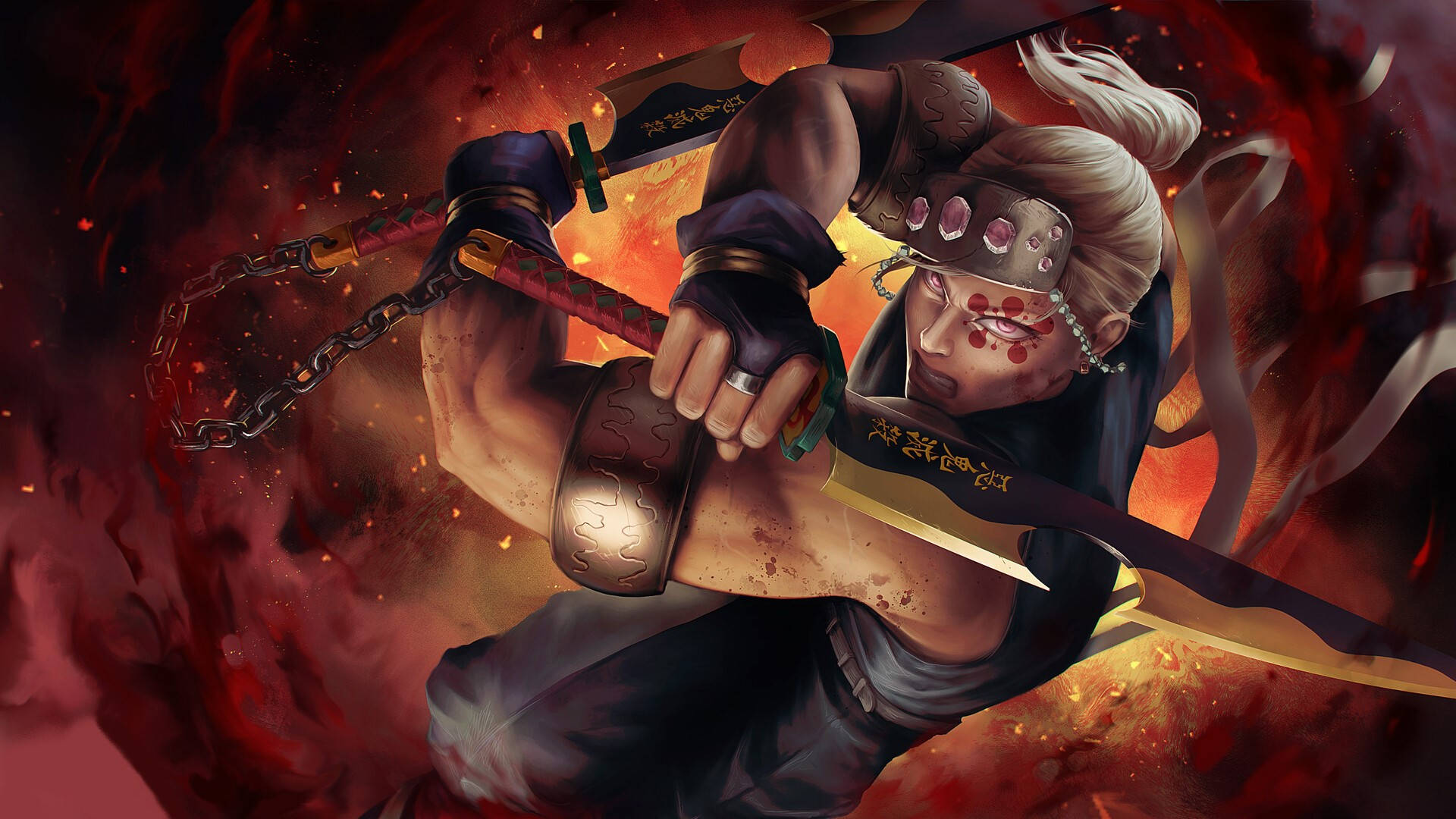 Tengen Uzui, white hair, red markings, Full HD Desktop Wallpaper