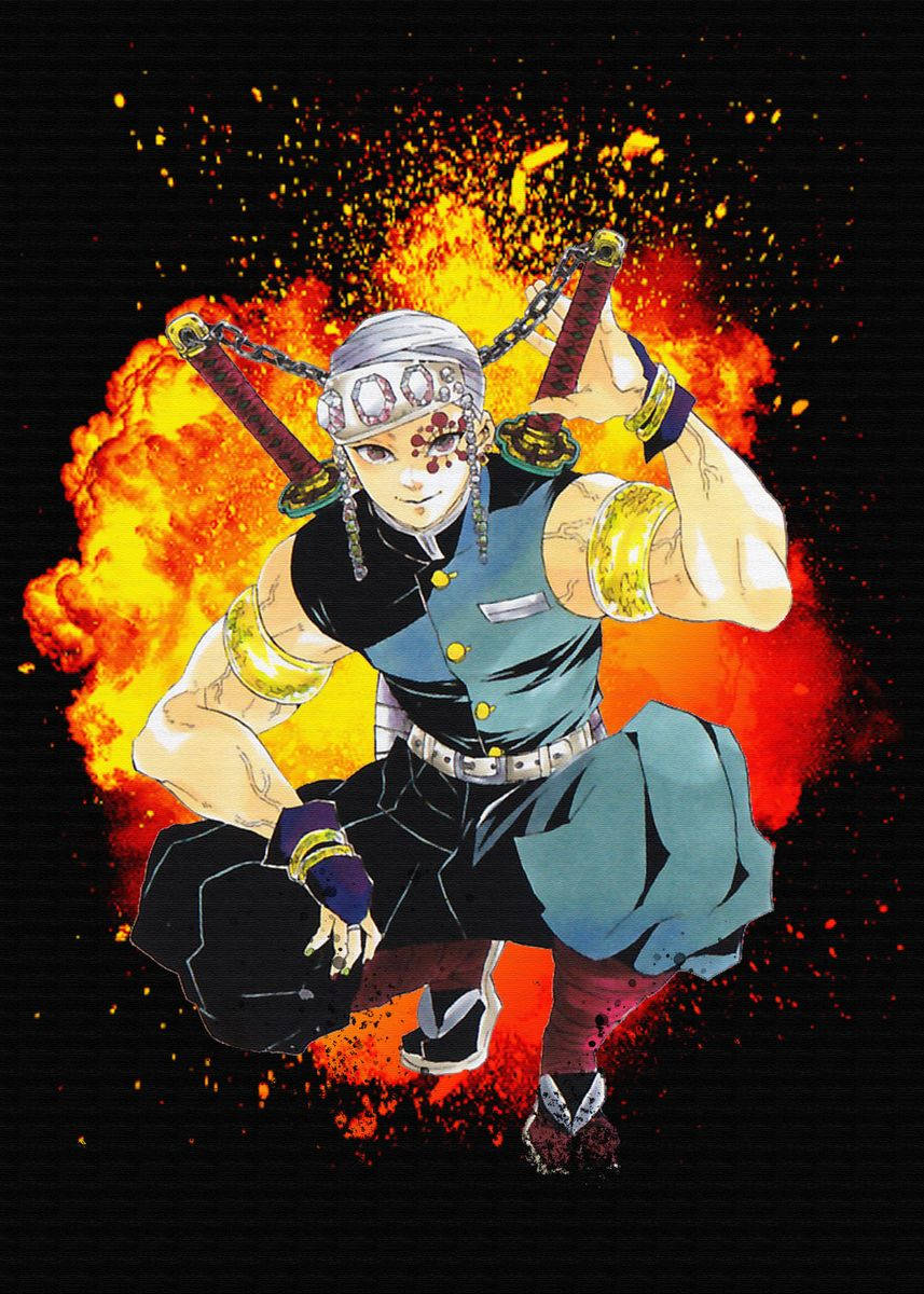Tengen Uzui, explosion, two swords, SD Phone Wallpaper