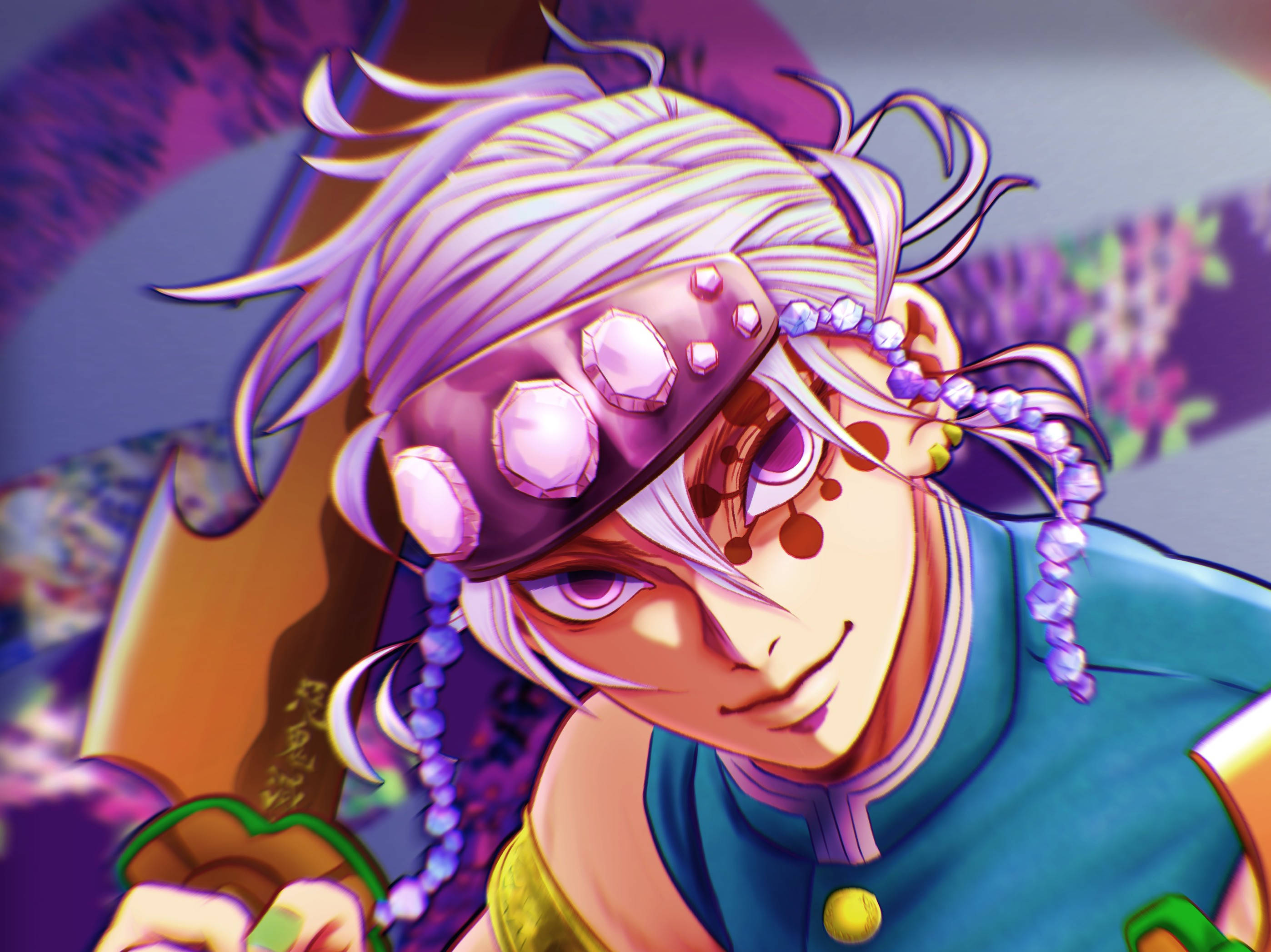 Tengen Uzui, vibrant purple, white hair, 2K Desktop Wallpaper