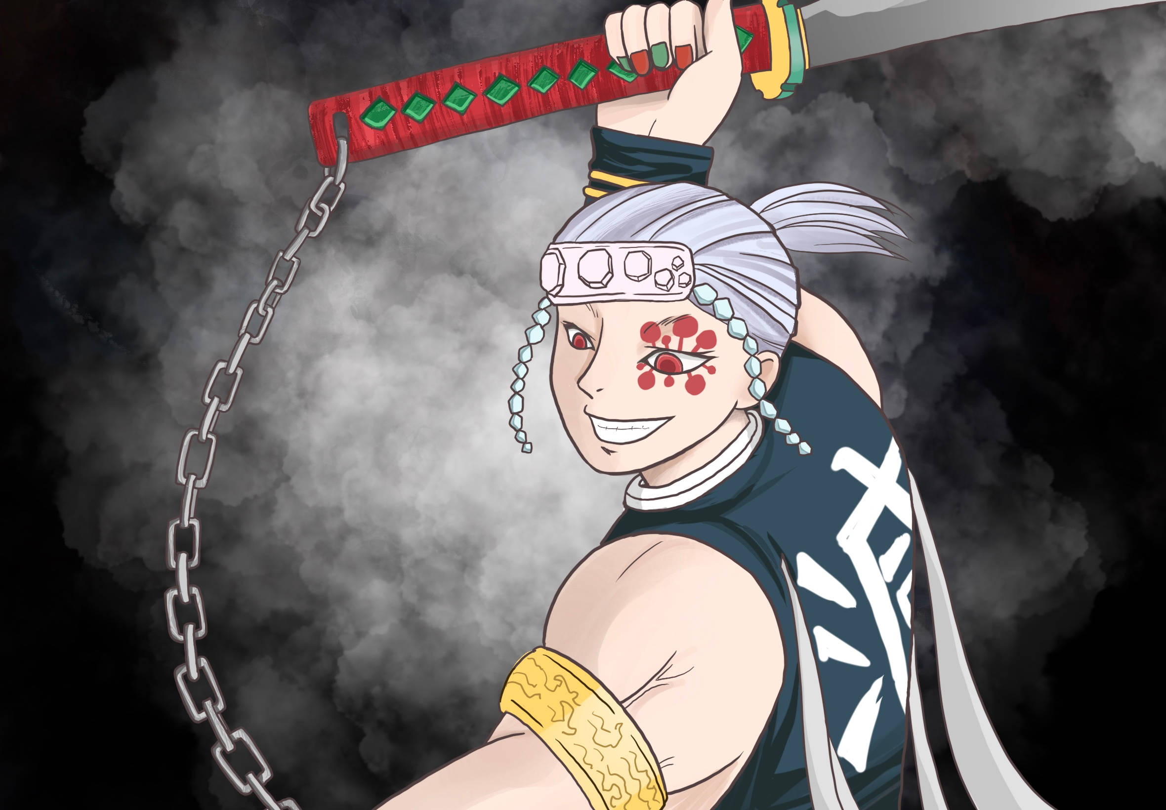 Tengen Uzui, white hair, red face markings, Full HD Desktop Wallpaper