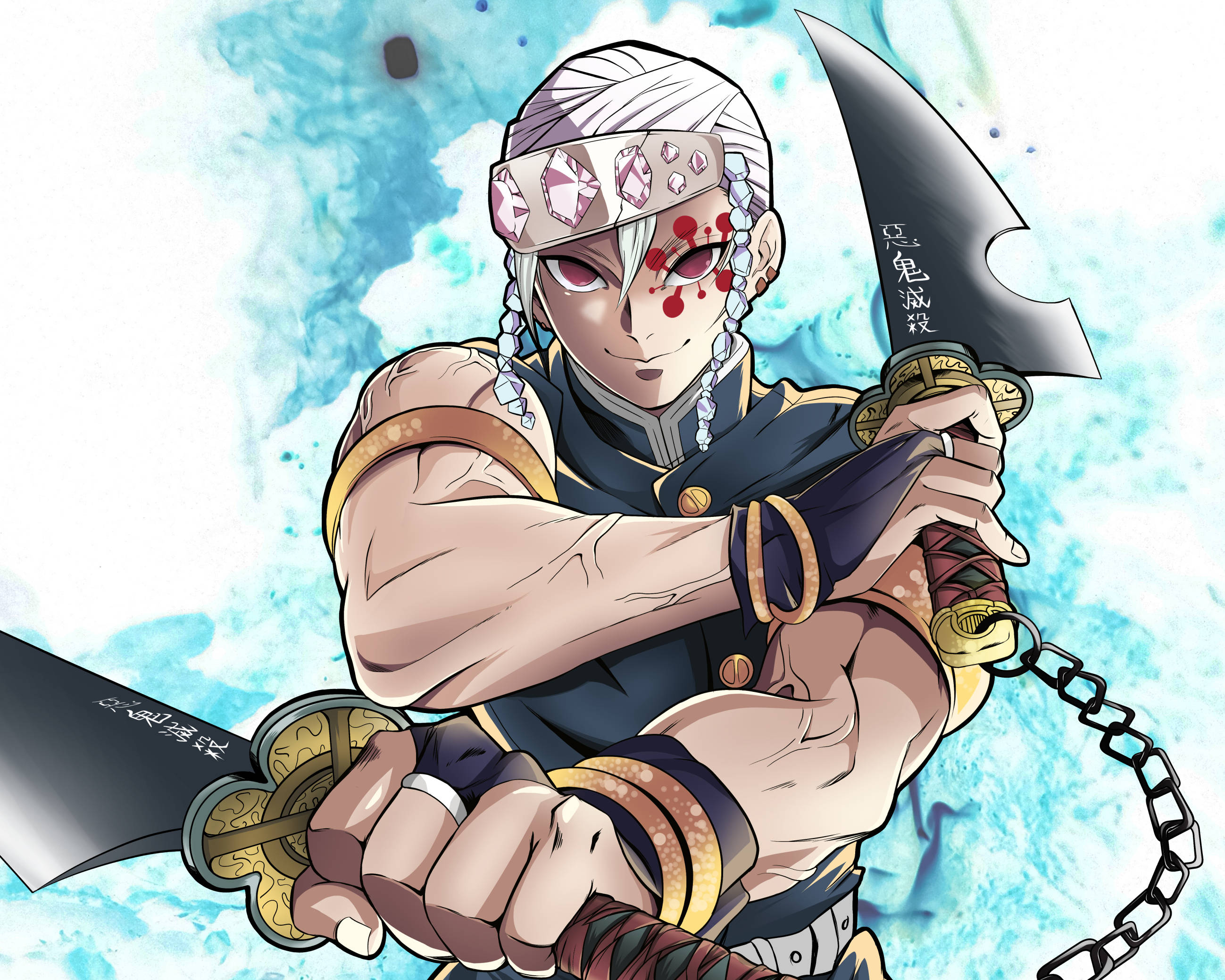 Tengen Uzui, white hair, red eye markings, 2K Desktop Wallpaper