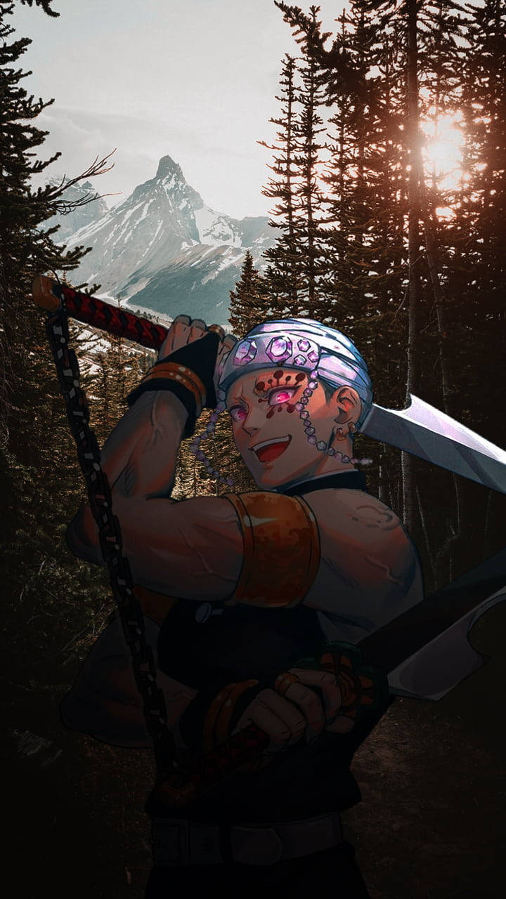 Tengen Uzui, glowing pink eyes, ornate headgear, HD Phone Wallpaper