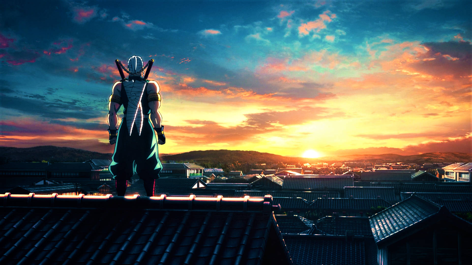Tengen Uzui, sunset, tiled roof, Full HD Desktop Wallpaper