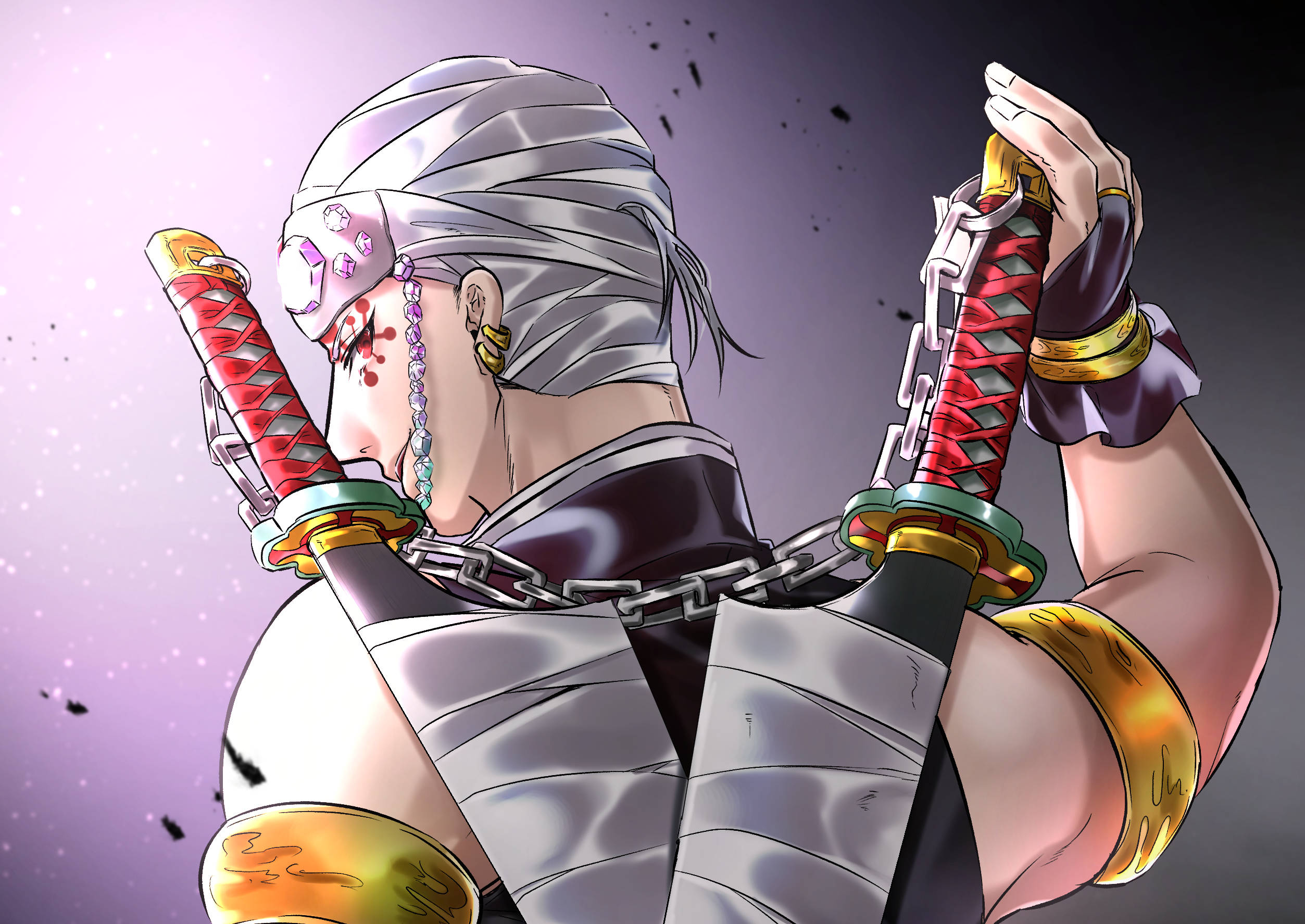 Tengen Uzui, red-tipped swords, chains, Full HD Desktop Wallpaper
