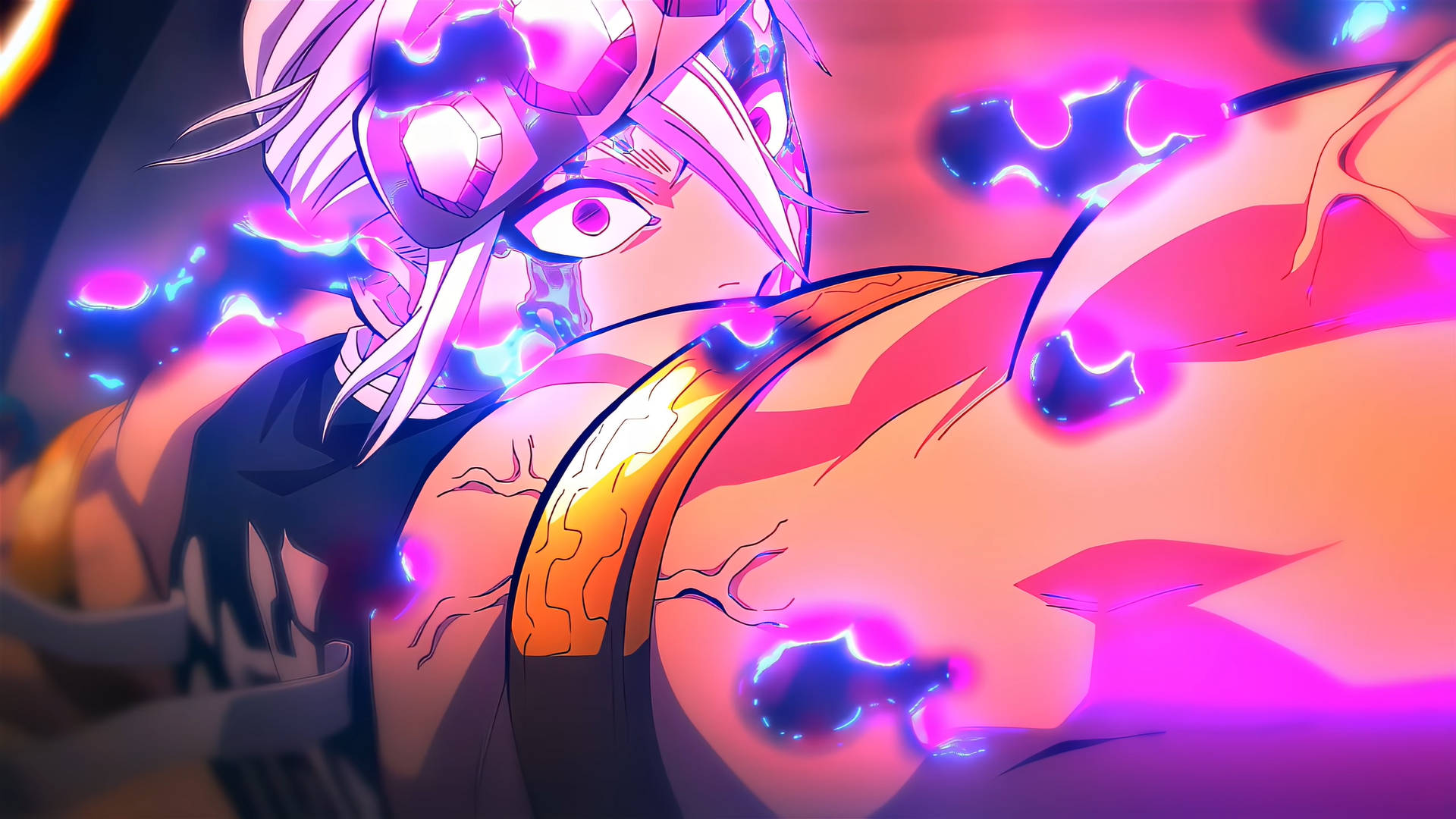 Tengen Uzui, glowing purple energy, muscular form, Full HD Desktop Wallpaper