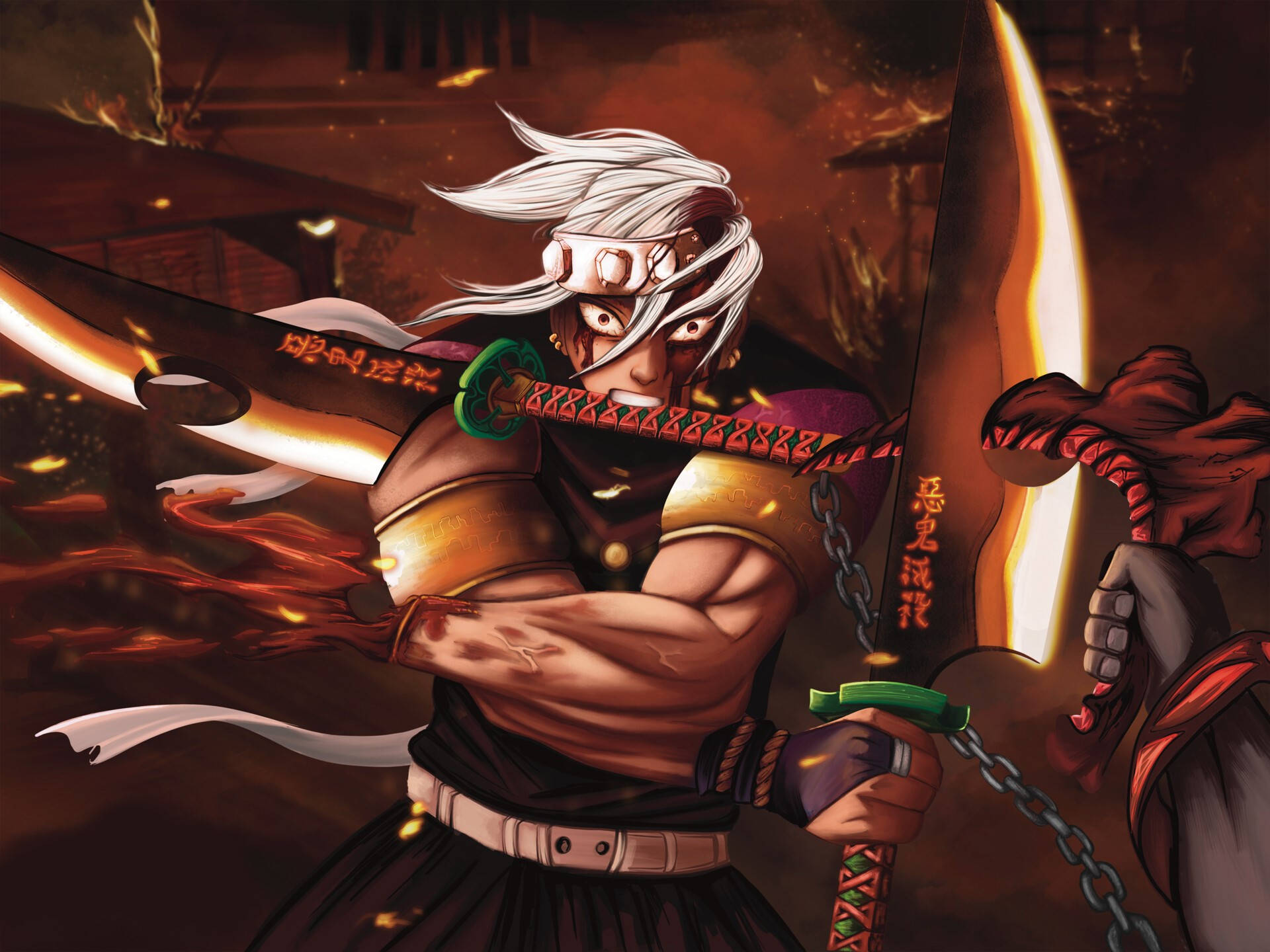 Tengen Uzui, flaming sword, fiery battlefield, Full HD Desktop Wallpaper