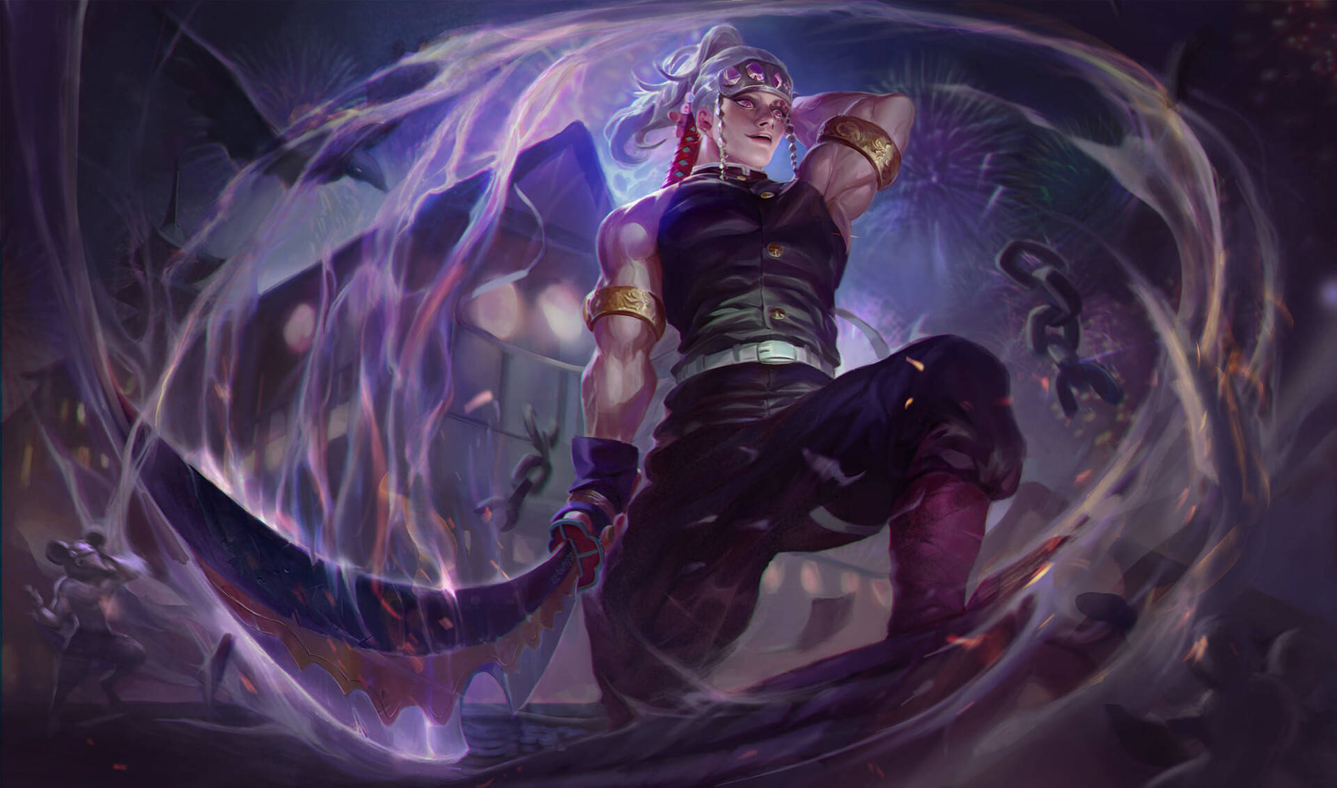 Tengen Uzui, white hair, glowing sword, Full HD Desktop Wallpaper