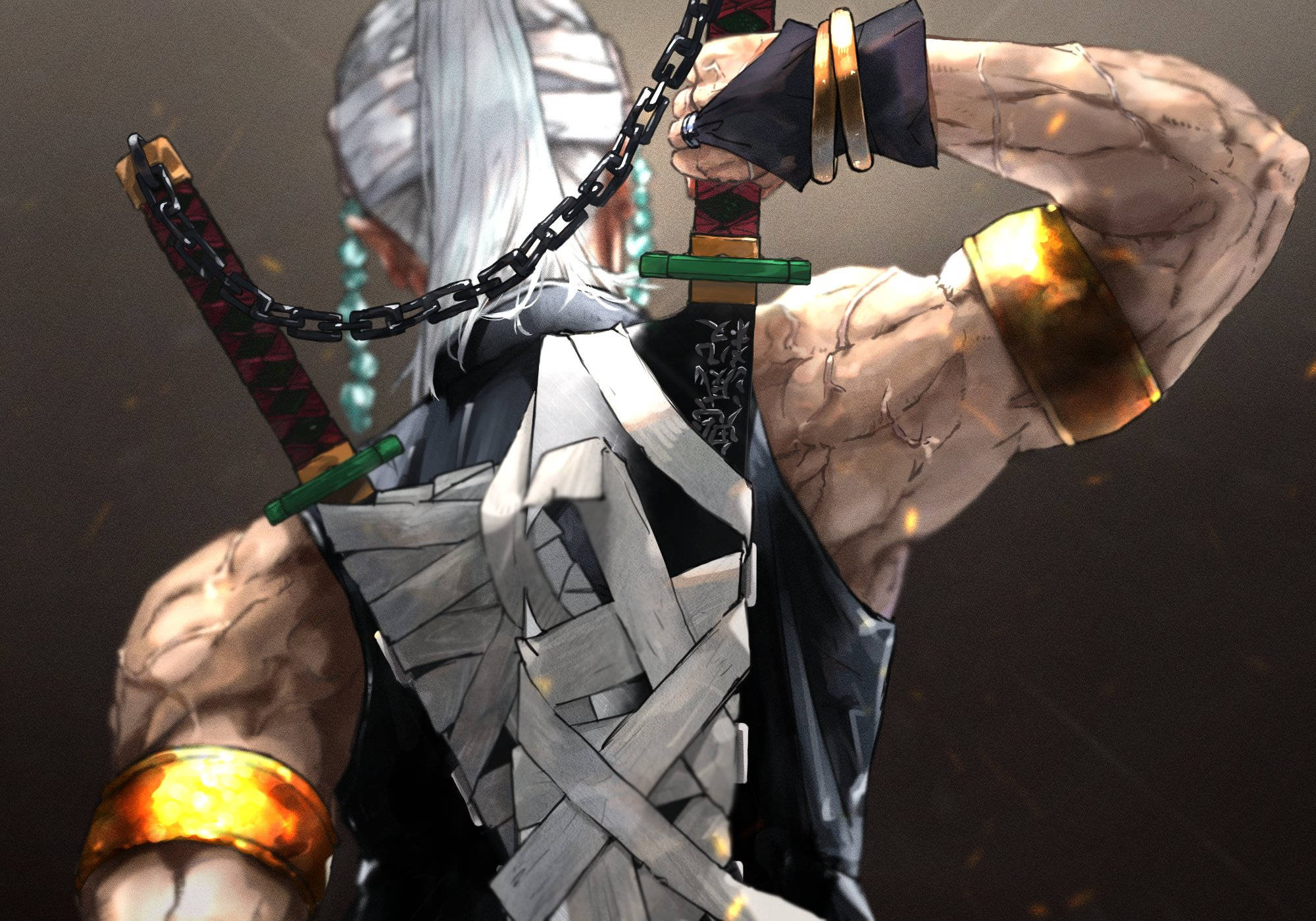 Tengen Uzui, white hair, chain-sword, Full HD Desktop Wallpaper