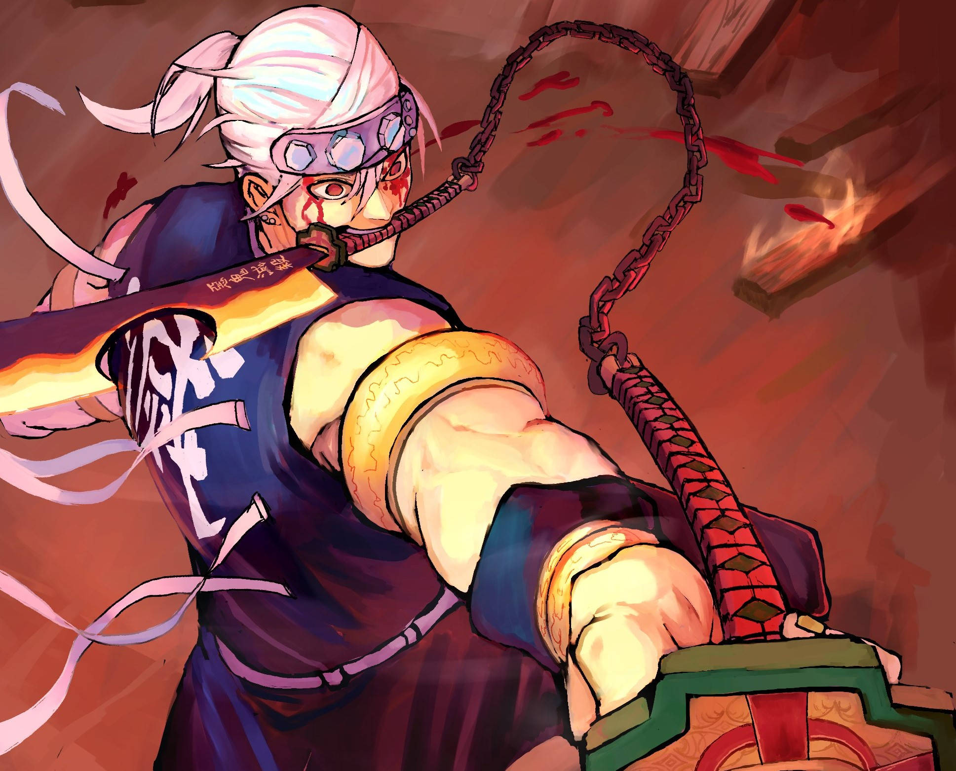 Tengen Uzui, white hair, bloodied face, Full HD Desktop Wallpaper