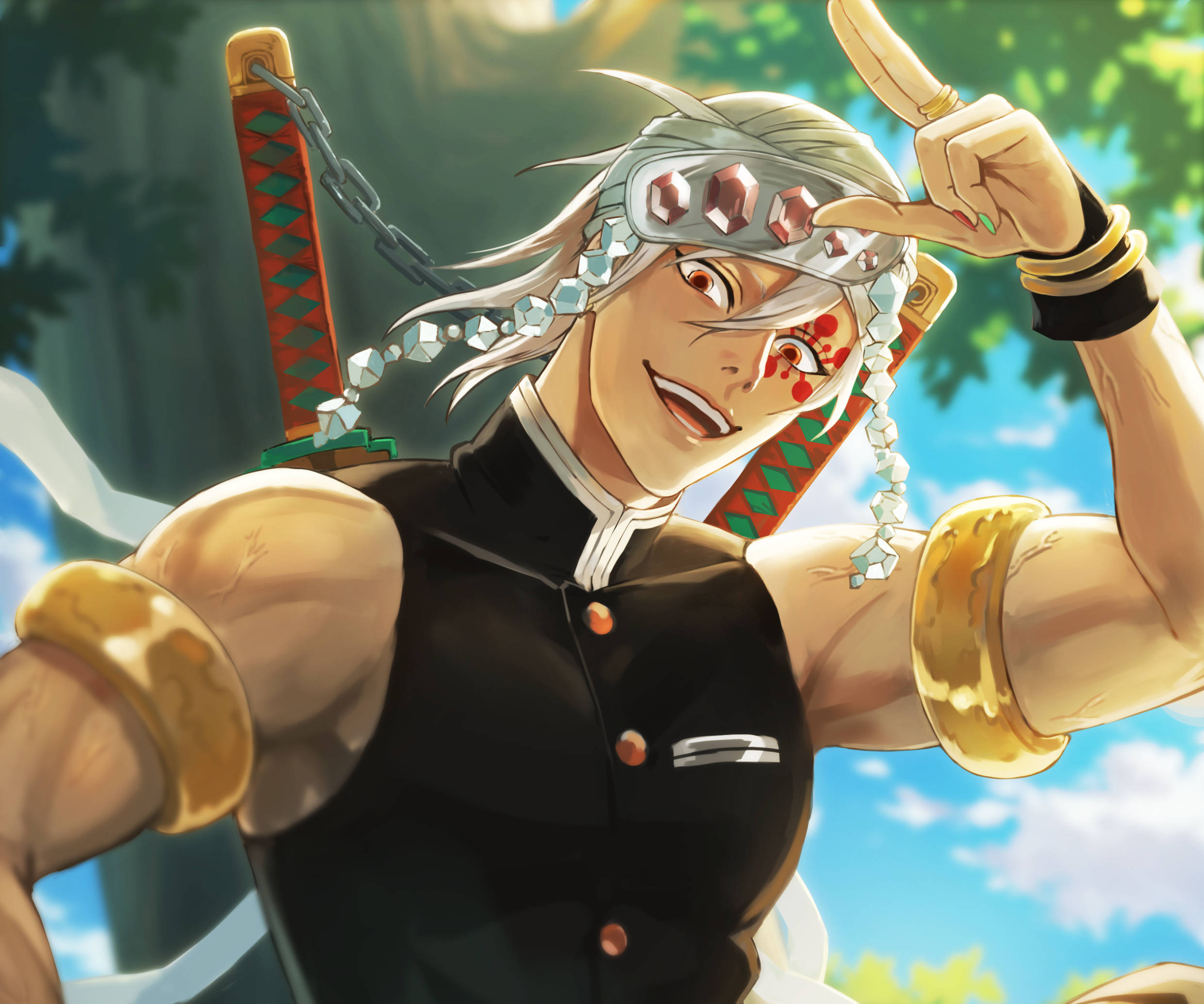 Tengen Uzui, silver hair, red face markings, Full HD Desktop Wallpaper