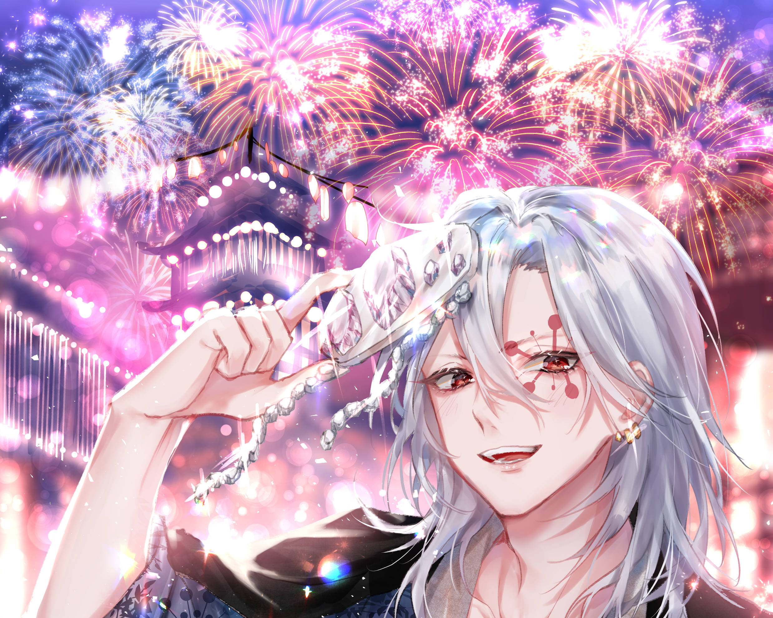 Tengen Uzui, silver-haired anime character, sparkling tiara, Full HD Desktop Wallpaper