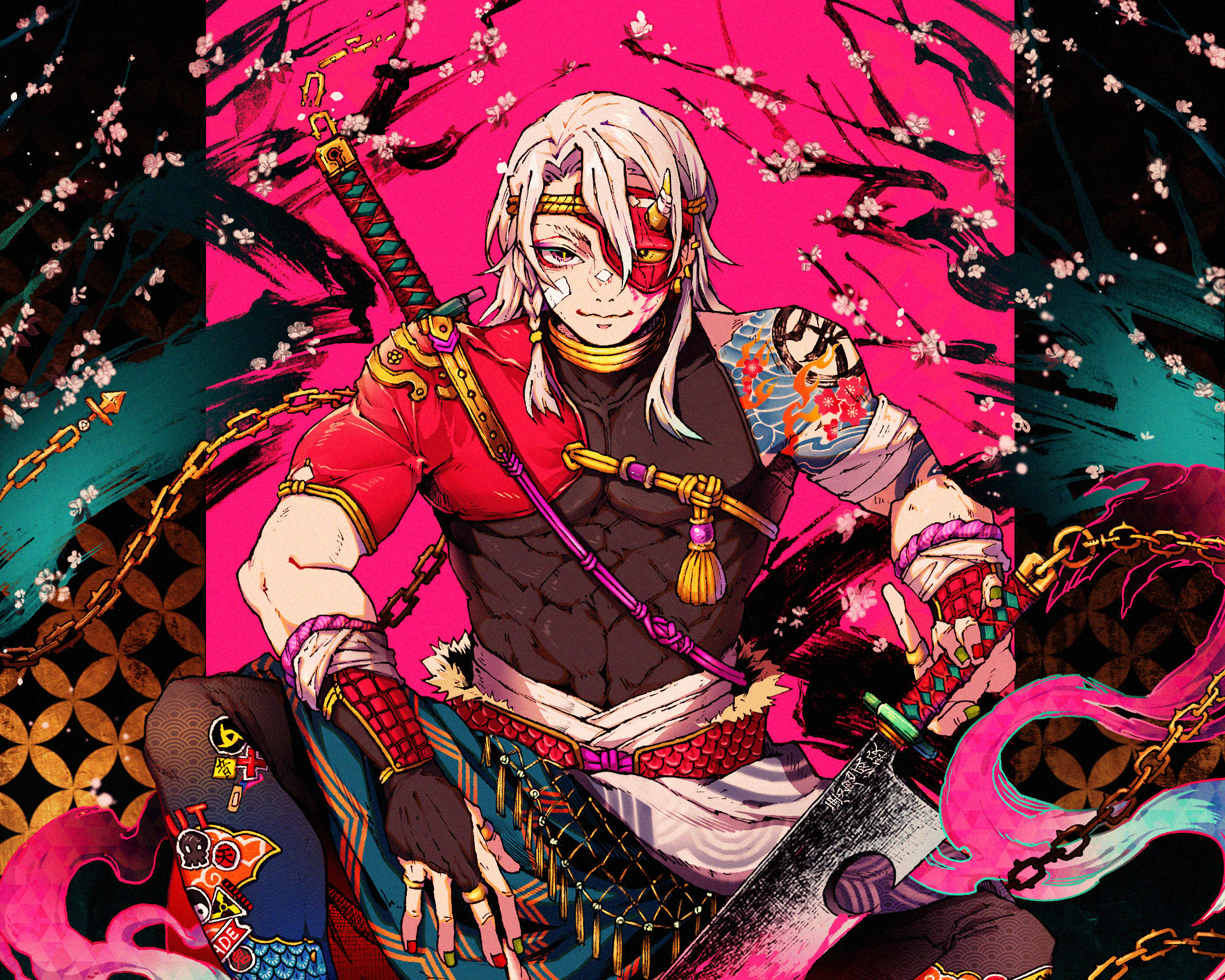 Tengen Uzui, white hair, red eye, Full HD Desktop Wallpaper