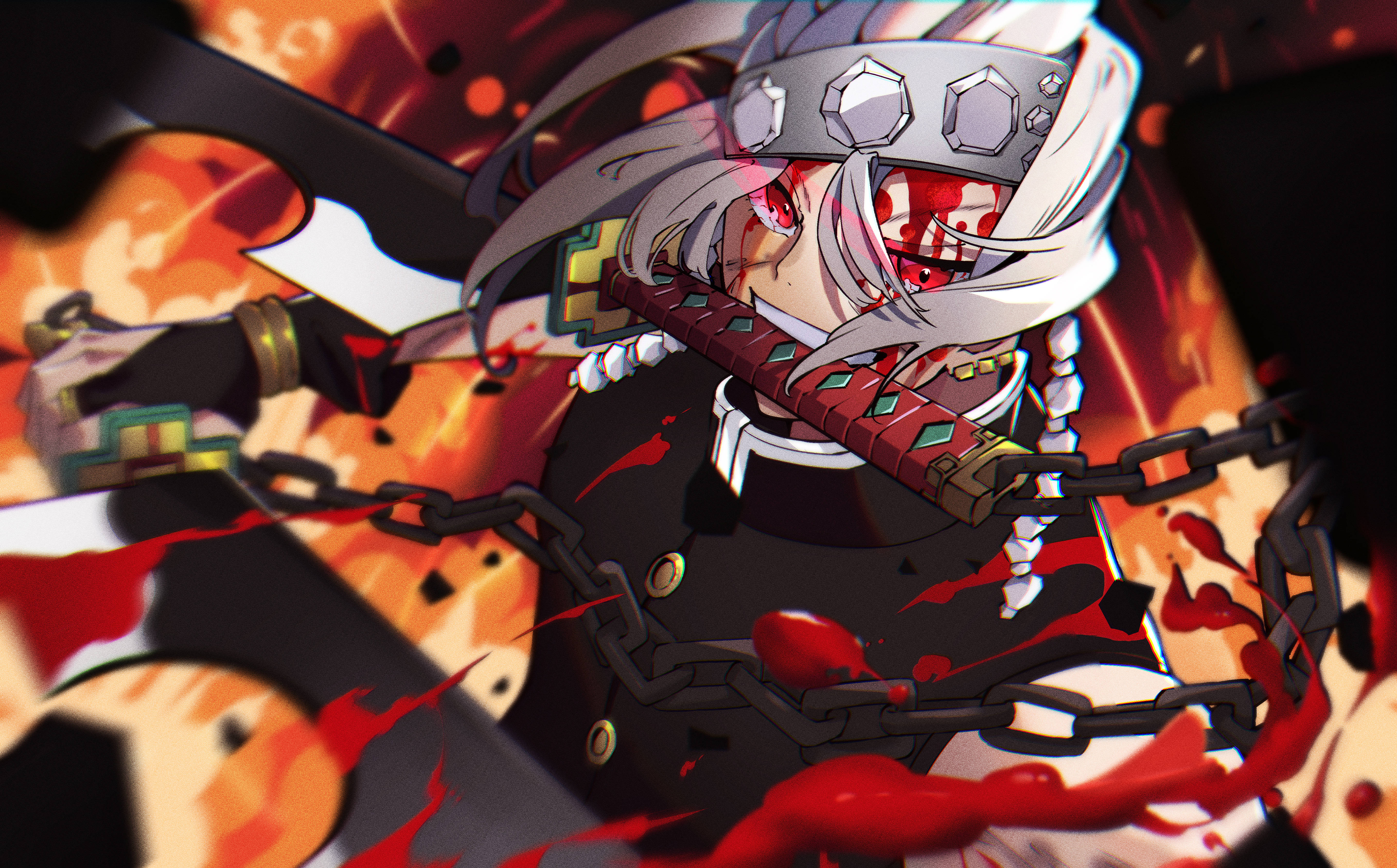 Tengen Uzui, sword in mouth, white hair, 5K Desktop Wallpaper