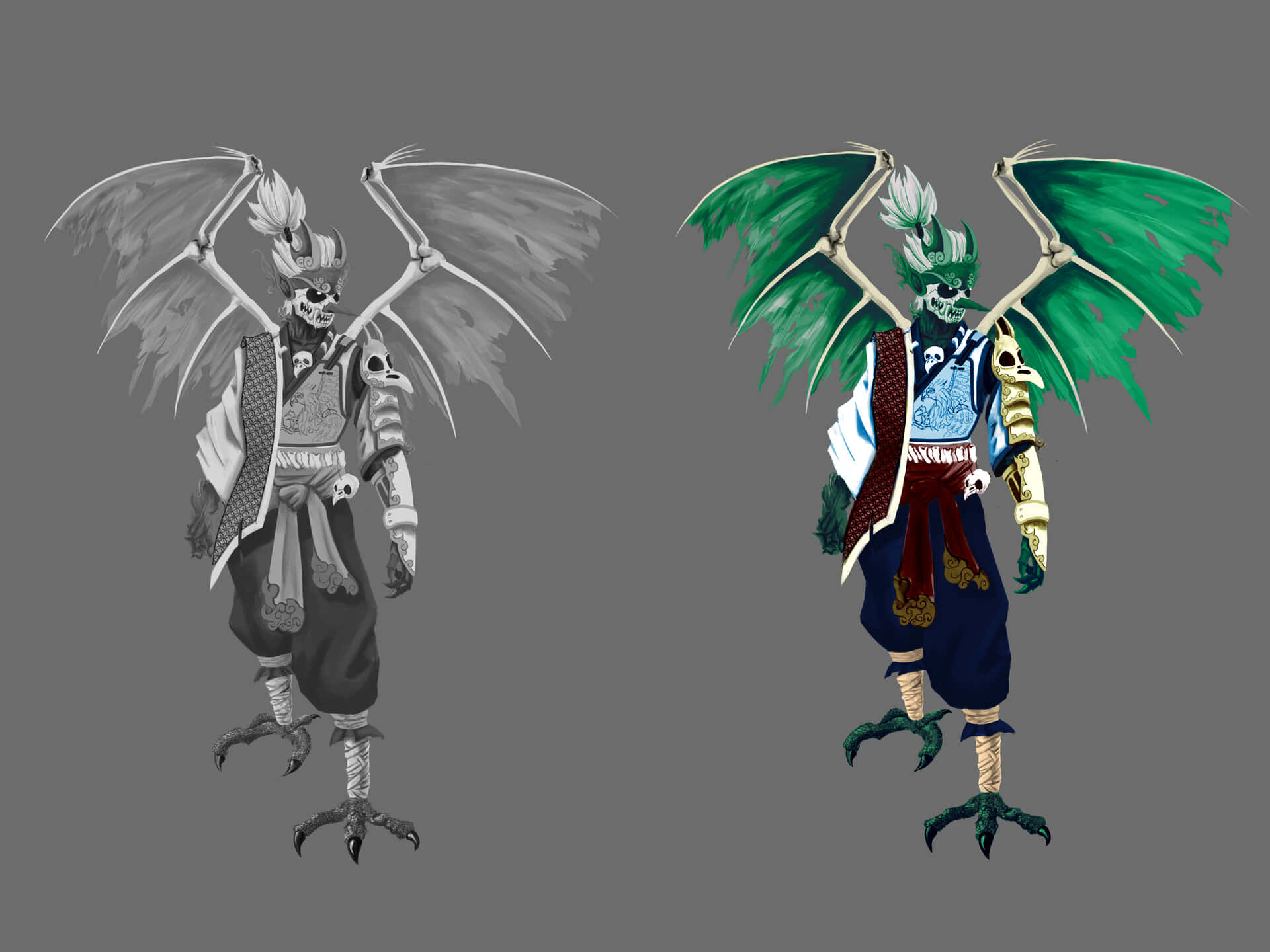 Tengu, grayscale, vibrant green, Full HD Desktop Wallpaper
