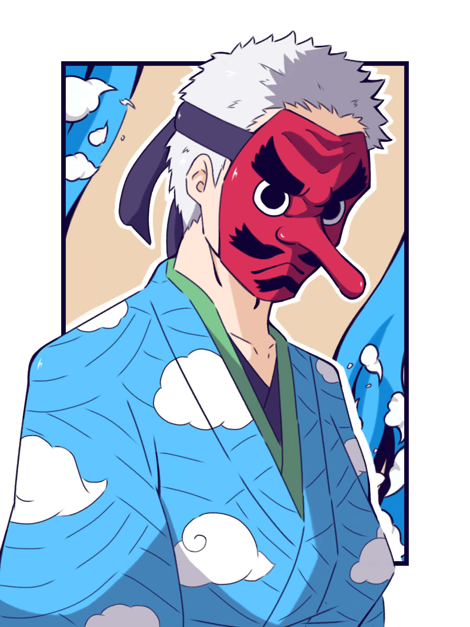 Tengu, white hair, red demon mask, Full HD Phone Wallpaper