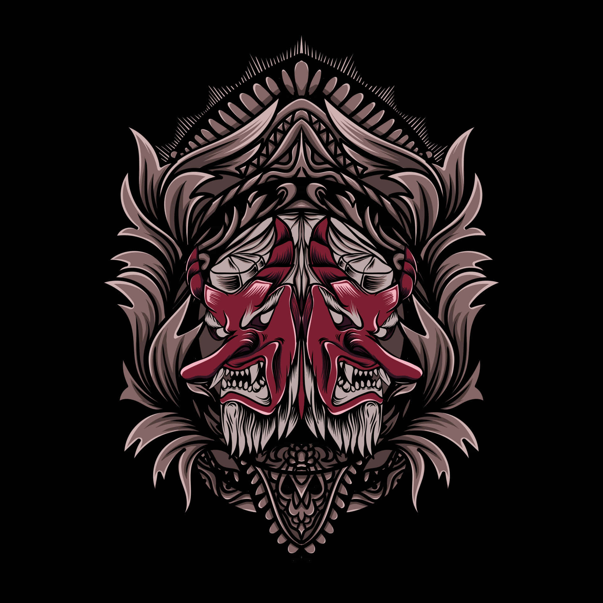 Tengu, red-faced masks, sharp teeth, Full HD Desktop Wallpaper