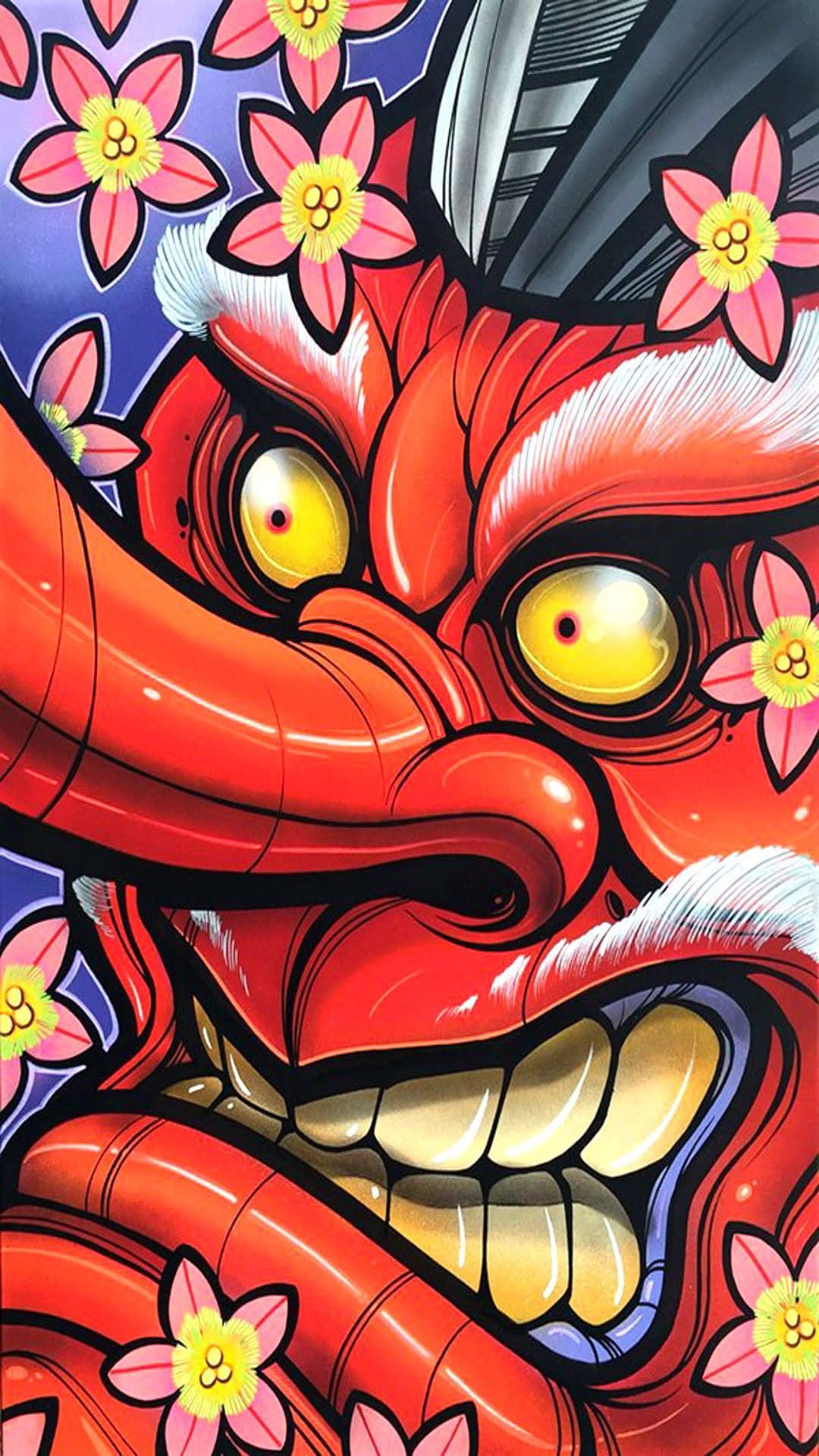 Tengu, red Japanese oni mask, glowing yellow eyes, Full HD Phone Wallpaper