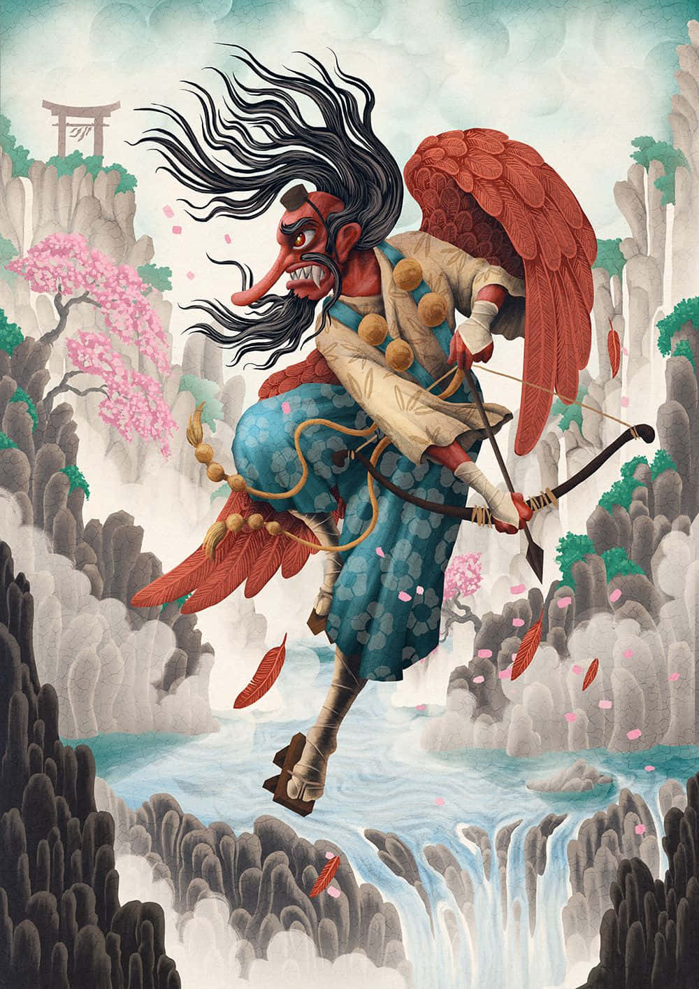 Tengu, red-faced demon, black hair, HD Phone Wallpaper