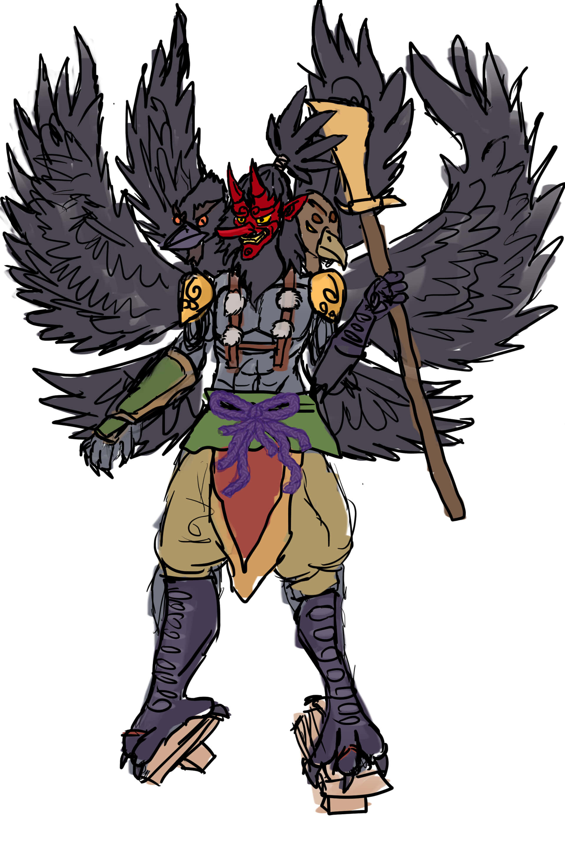 Tengu, crow-headed warrior, red horns, 2K Phone Wallpaper
