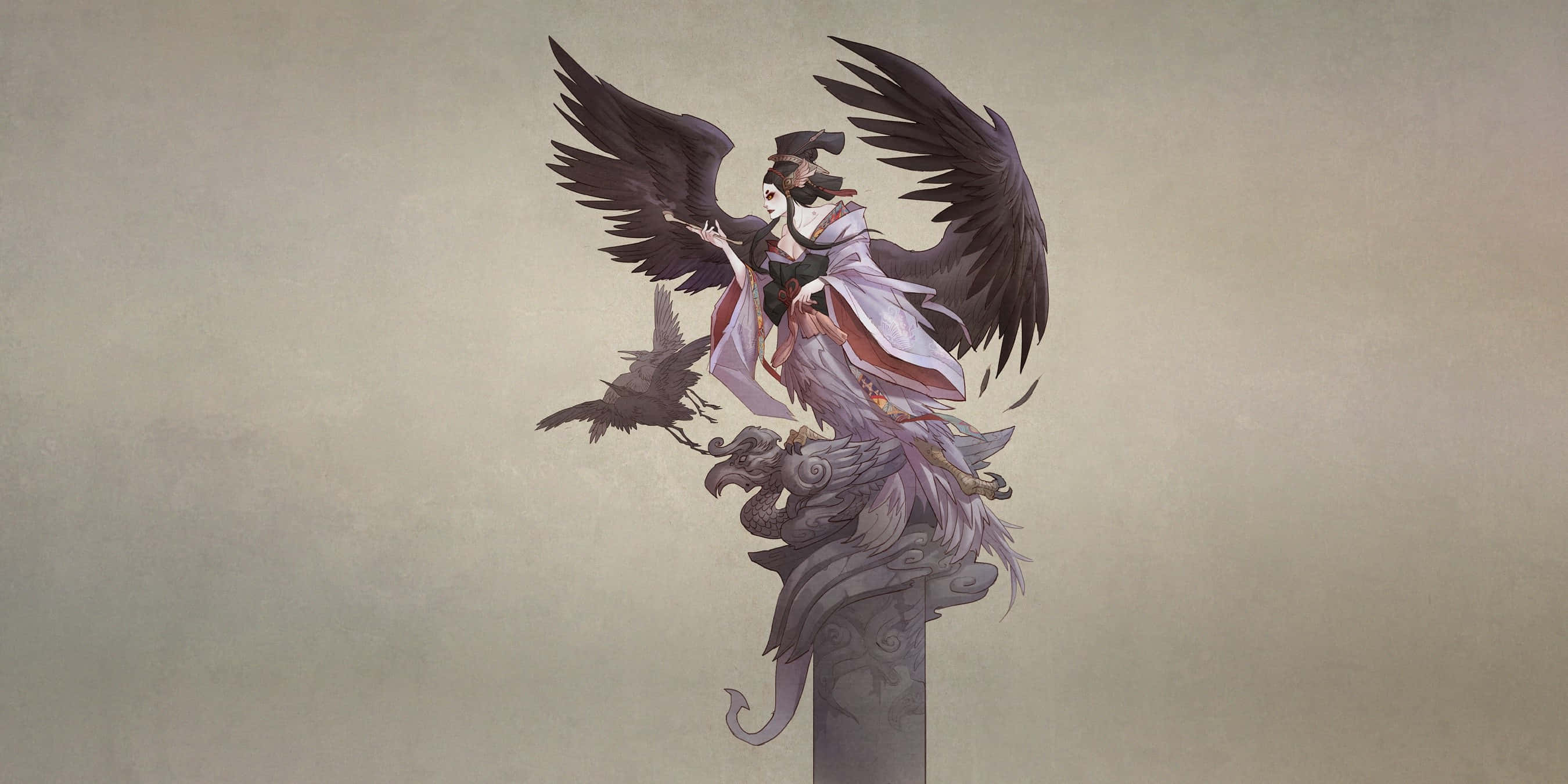 Tengu, black wings, stone pillar, 2K Desktop Wallpaper