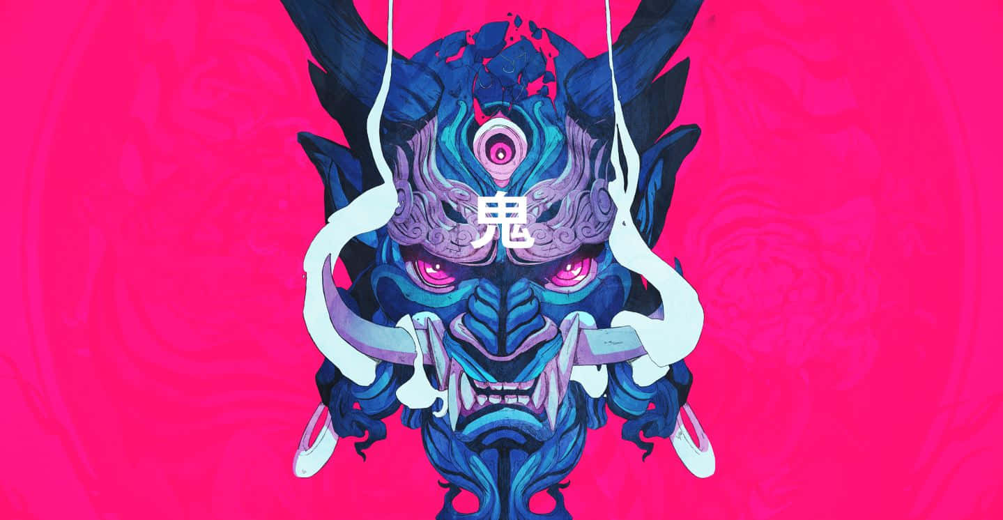 Tengu, blue and purple oni mask, glowing pink eyes, HD Desktop Wallpaper