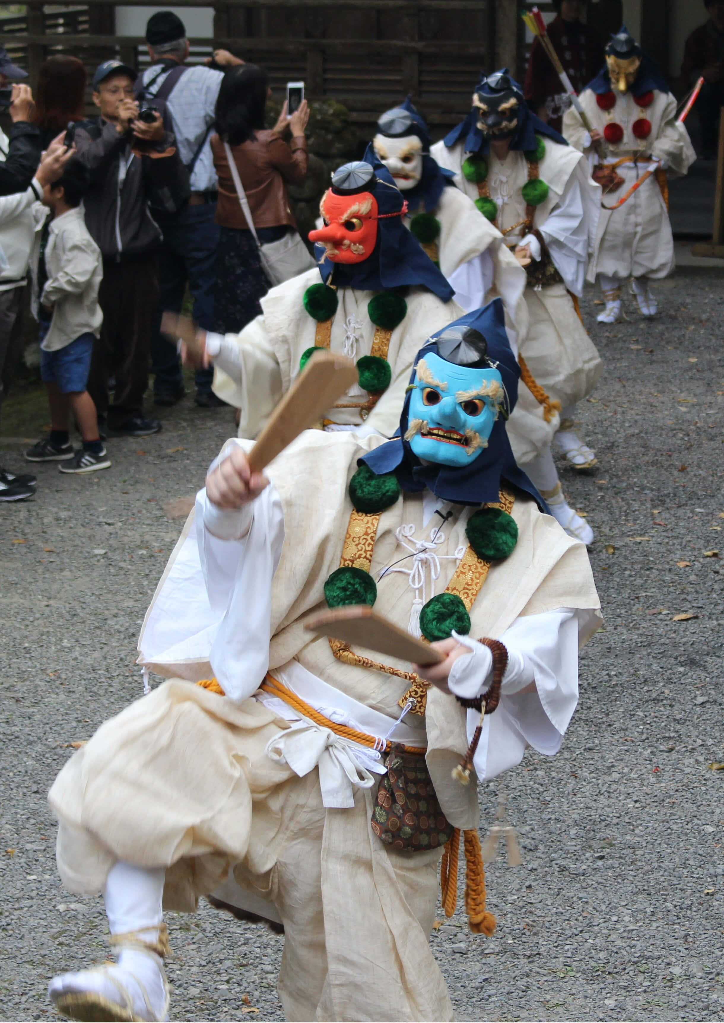 Tengu, vibrant traditional masks, white robes, 2K Phone Wallpaper