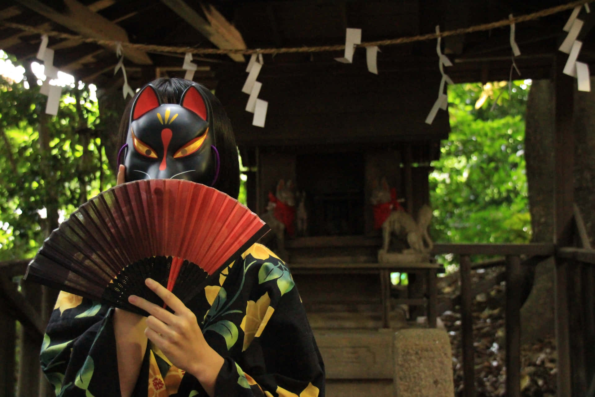 Tengu, black fox mask, floral kimono, Full HD Desktop Wallpaper